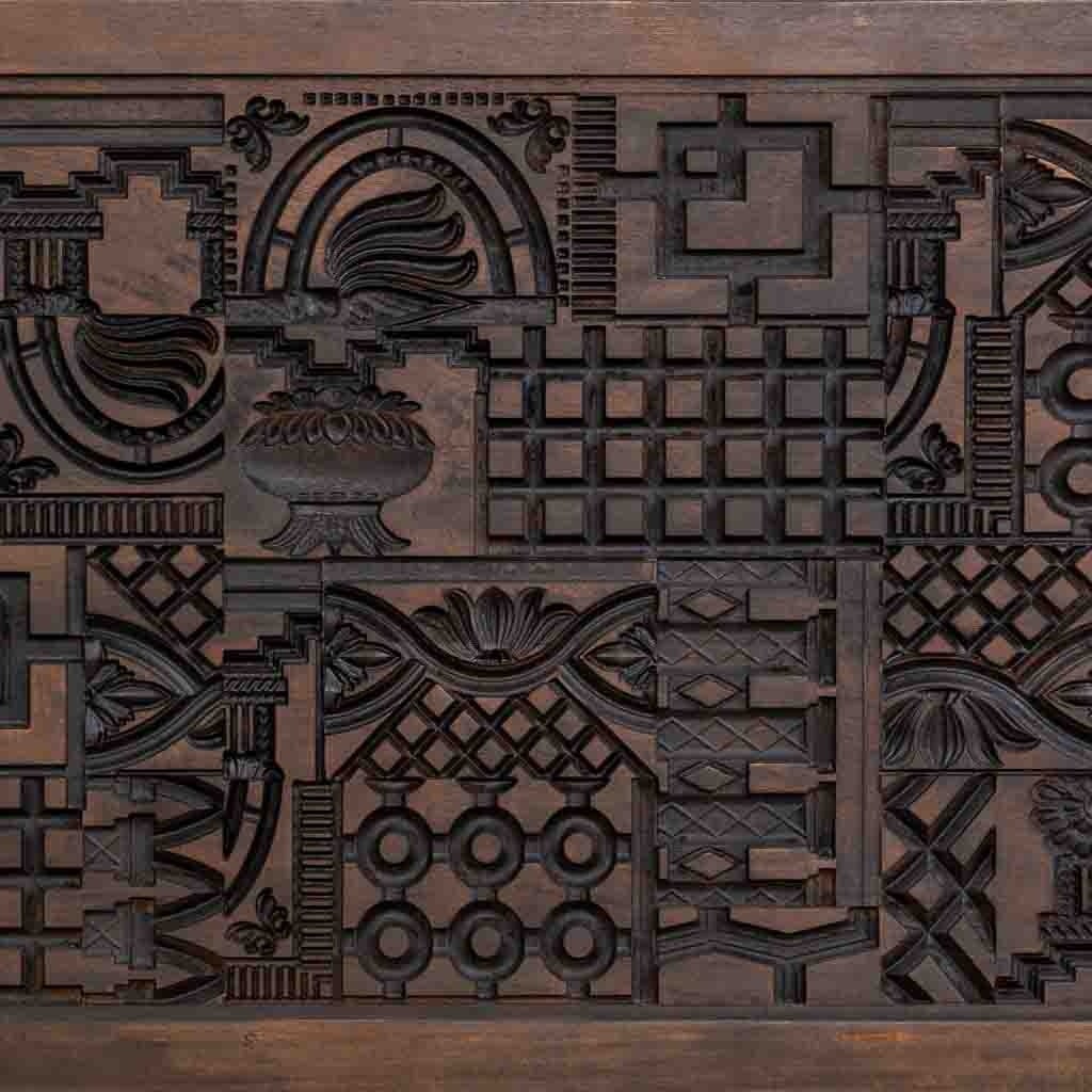 Testiera in legno marrone intagliata a mano 160x3x120h cm - 6