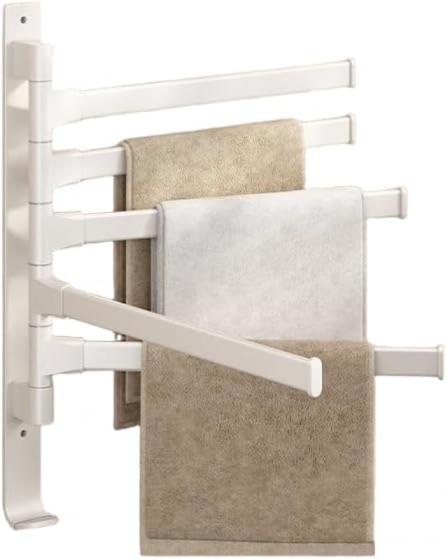 Wieszak na ręczniki ścienny, wieszak na ręczniki z 5 obrotowymi drążkami 180°, nie wymaga wiercenia, do łazienki i kuchni, biały