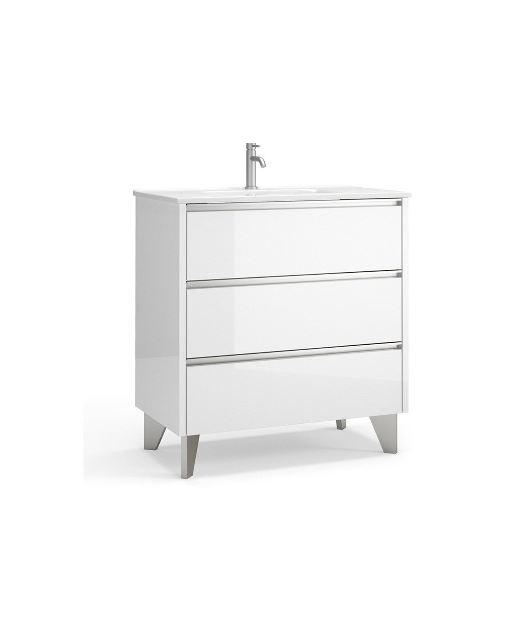 Armadio da bagno montato a pavimento con lavandino in ceramica a profondità ridotta | 80 cm | Guidee Hettich | Bianco lucido - Cromo lucido - 2