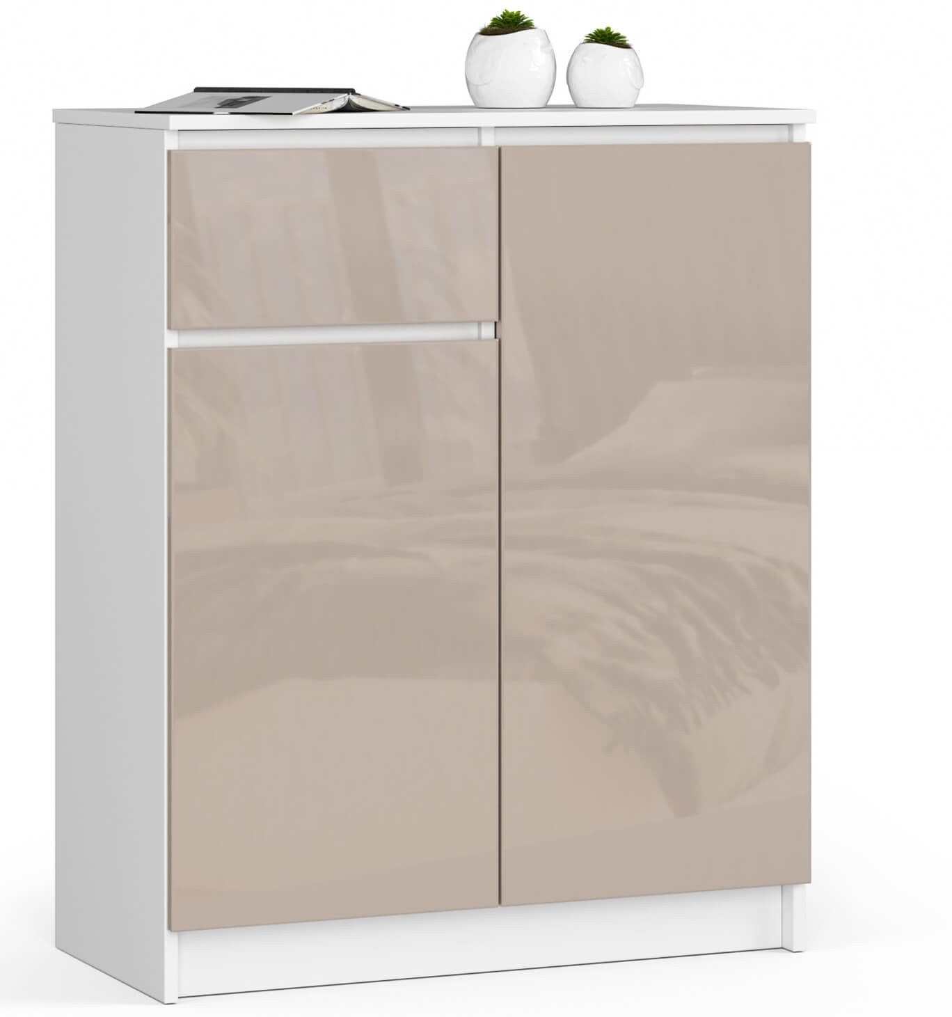 Komoda: 1 szuflada, 2 drzwi, 4 półki, biała | cappuccino sparkle, 80 x 99 x 40 cm