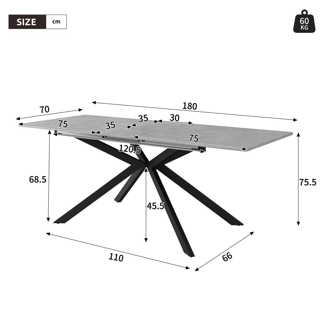 Rozkładany stół jadalny dla 4-6 osób - Dł. 150/180 x Szer. 70 x Wys. 76 cm - Nogi z płyty MDF i metalu - Blat imitujący marmur - Szary - 5