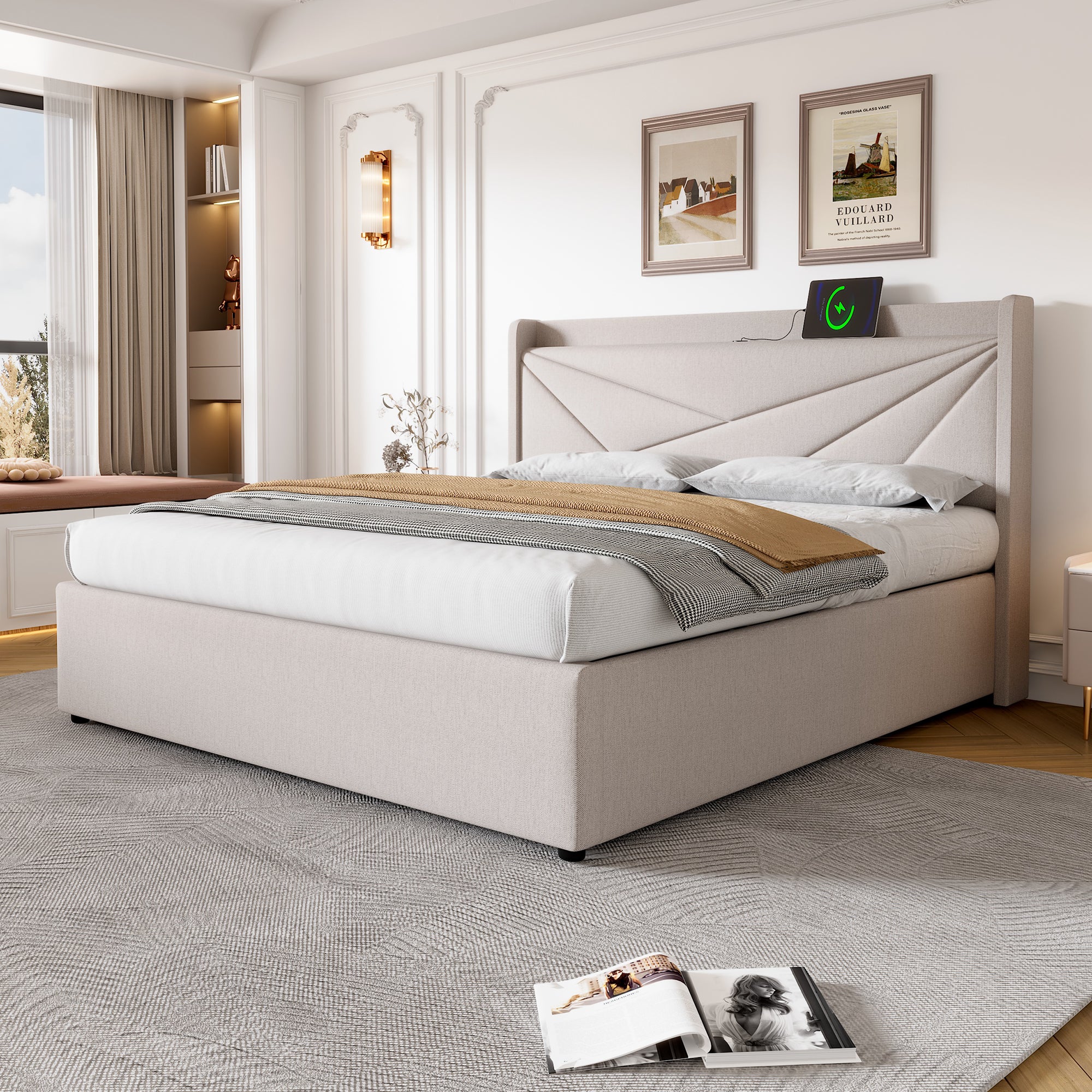 Cama contenedor 140x200 cm de tela de lino - con puerto USB y somier - Beige - 3