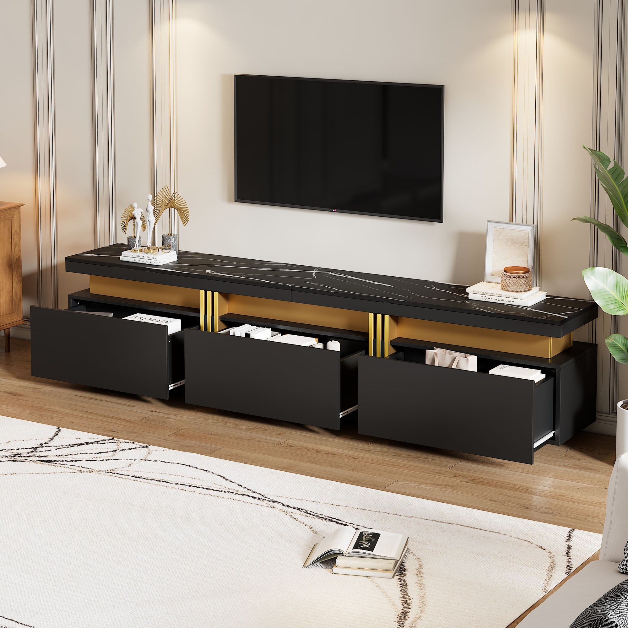 TV-Schrank z Optiką Marmuru, 200x40x42 cm, 3 Szuflady, Czarny, 30 kg