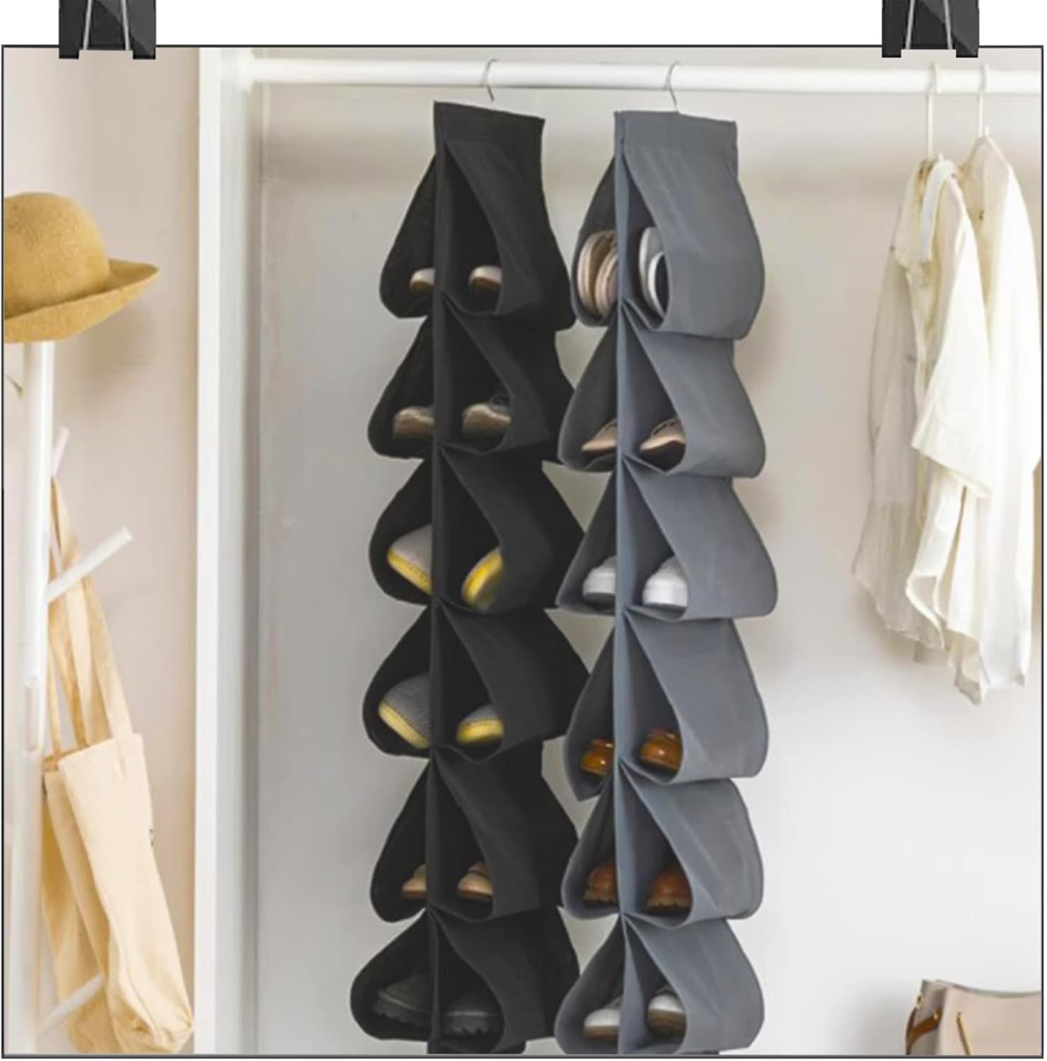 Wiszący organizer na buty umieszczony za drzwiami - 117 * 32 CM z 12 kieszeniami, uchwyt na buty do przechowywania, czarny, 1 sztuka.