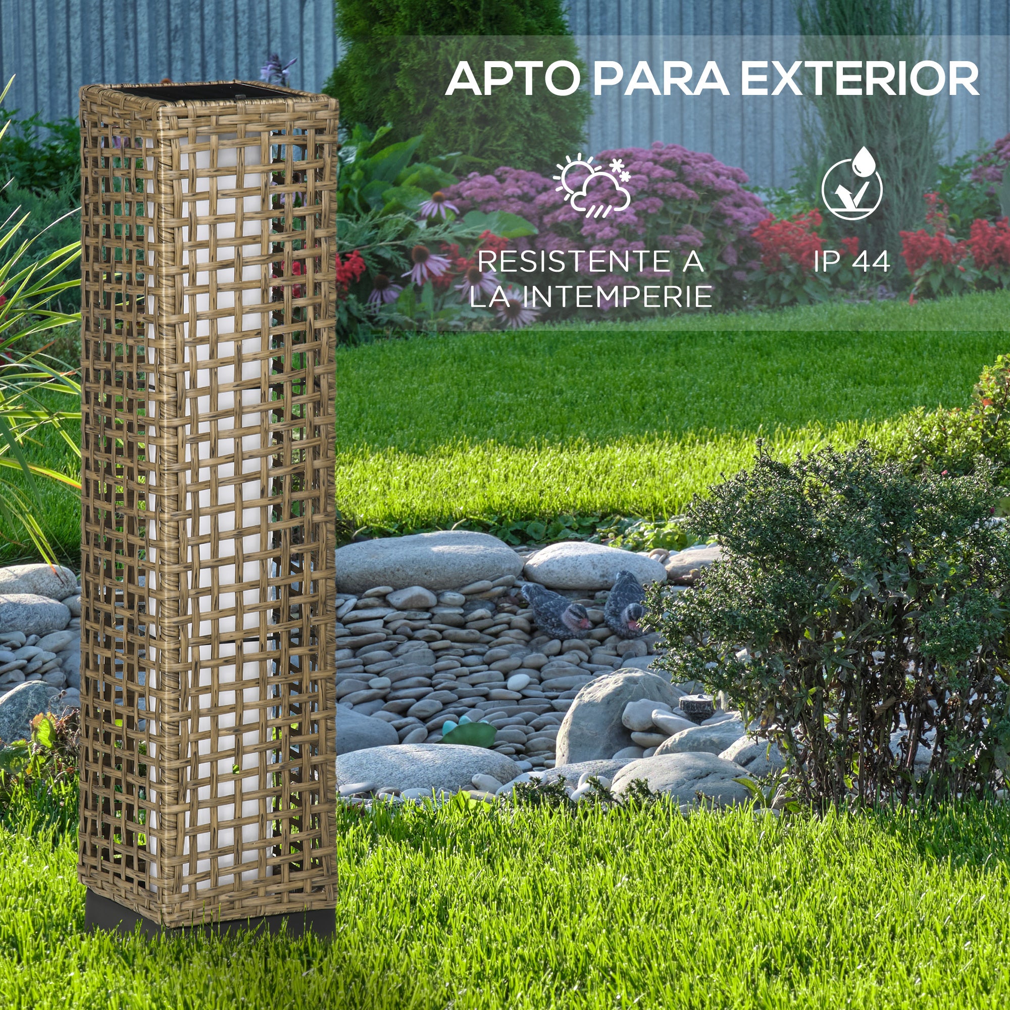 Candeeiro Solar de Vime Outsunny Cor de Areia Vime PE e Aço 15,5x15,5x69cm - 7