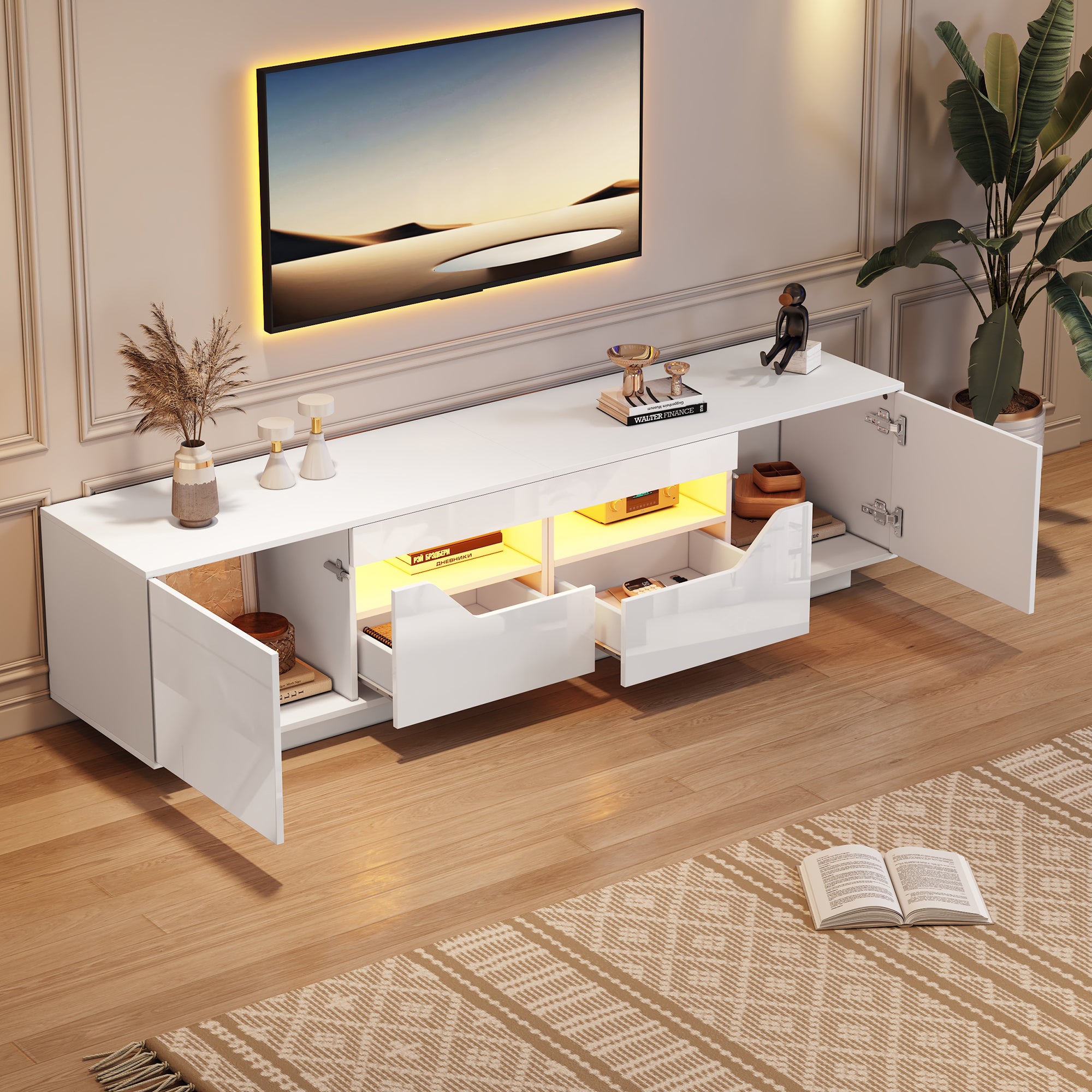 Meuble TV brillant 180x40x45 cm - avec éclairage LED - 2 tiroirs et 2 portes - Compatible avec téléviseurs 75 pouces - Blanc - 2