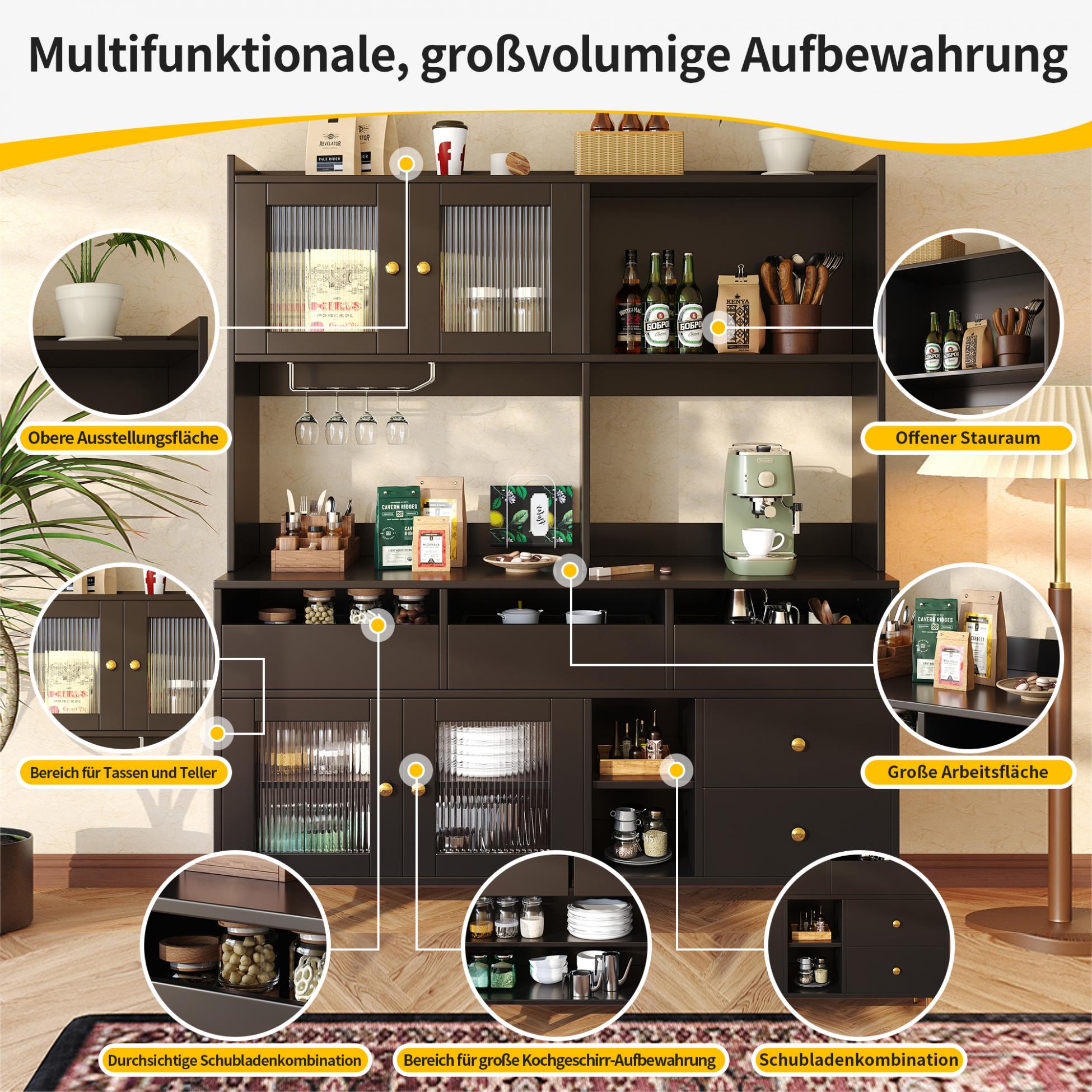 Buffet haut de salle à manger avec portes en verre dépoli, range-verres et espaces de rangement – Noir avec détails dorés – 145×39×171 cm - 6