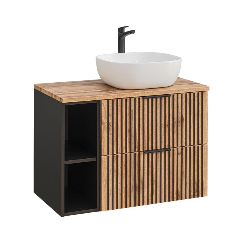 Szafka łazienkowa wisząca drewniana umywalka nablatowa ceramiczna Xilo