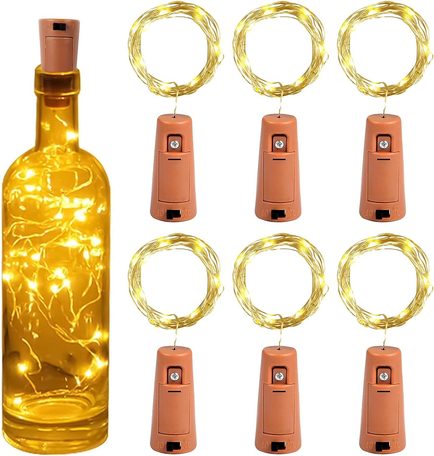 Girlanda LED Butelka 2m 20LED, Lampka LED Korek do Butelki Wodoszczelny Elastyczny Srebrny Drut Dekoracja (6 sztuk, Ciepła Biel)