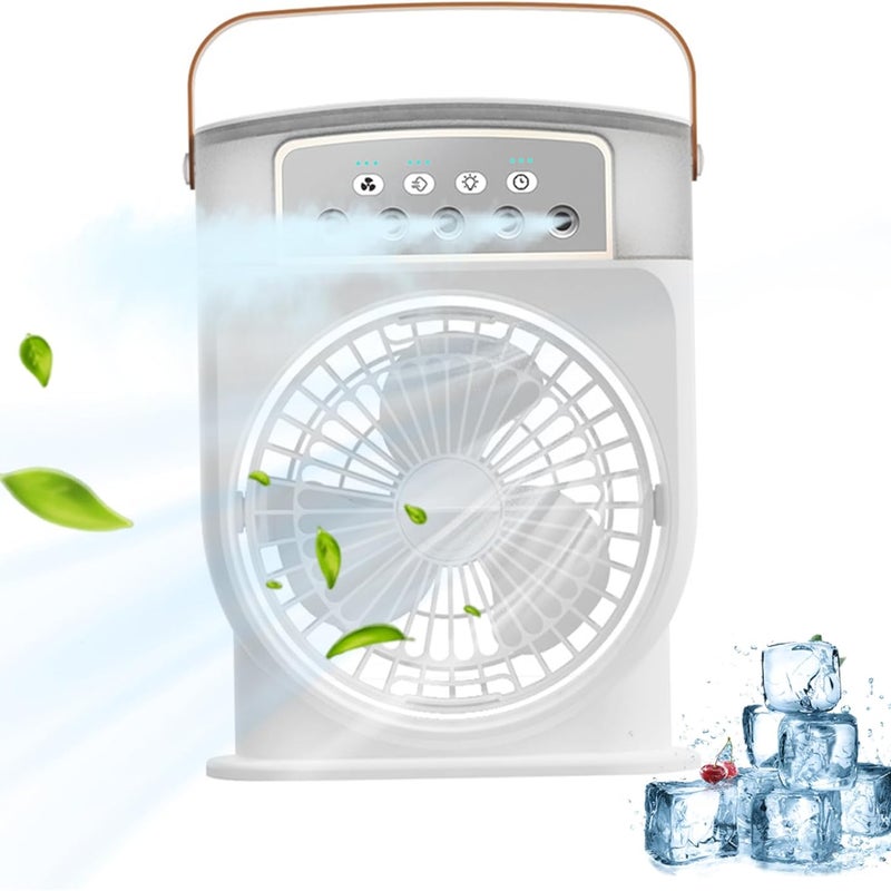 Przenośna chłodnica powietrza, wentylator parowy z 3 wentylatorami, mini wentylator biurkowy z funkcją mgiełki i lampką nocną, biały