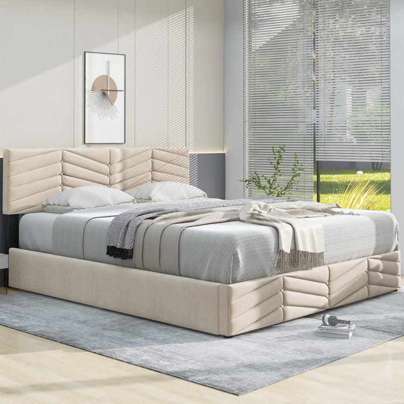 Cama 140x190 con somier, Cama tapizada 140x190 con cabecero regulable, Cama canapé 140x190 con espacio de almacenaje, Terciopelo beige - 3