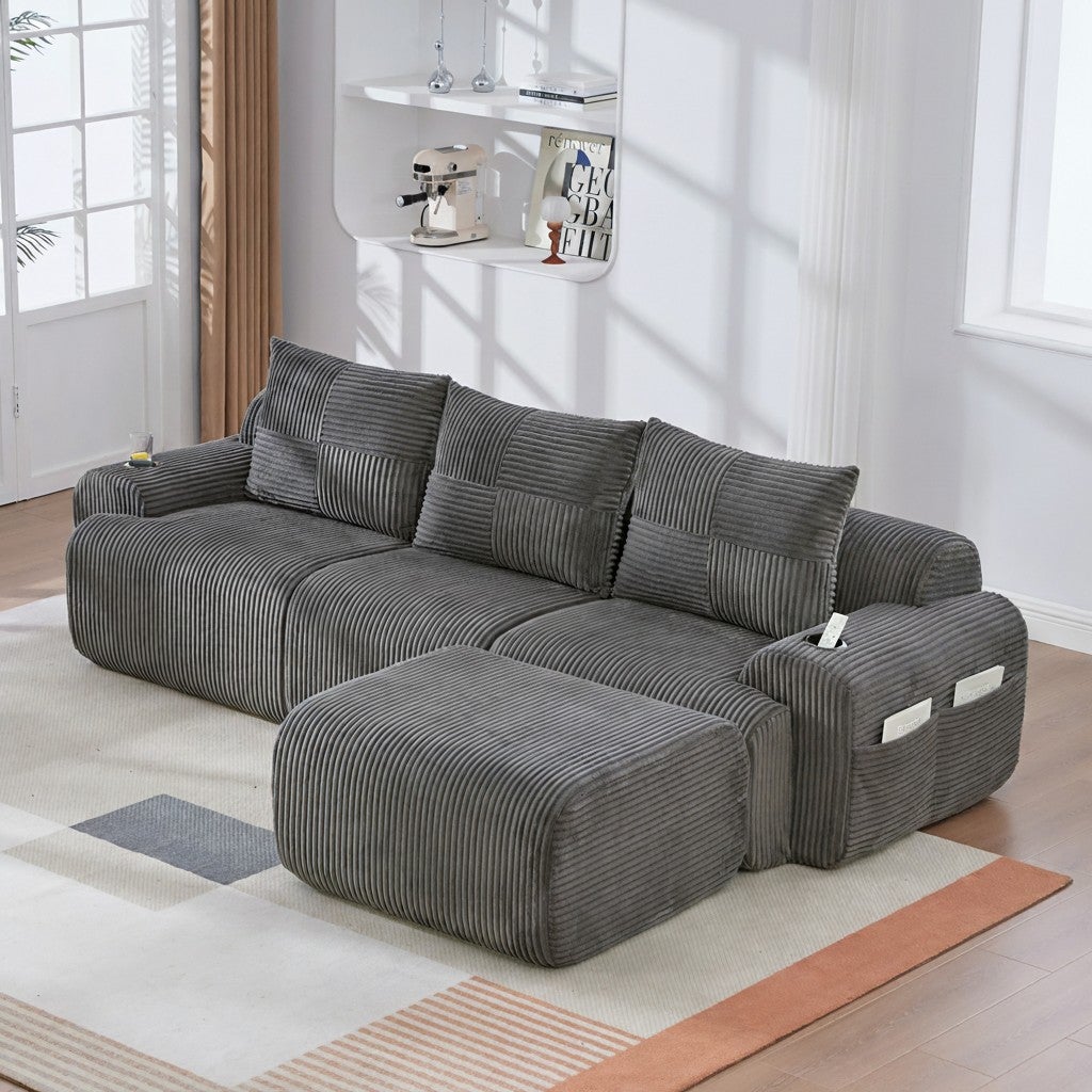 Canapé Modulable 3 Places en Velours Côtelé avec Porte-Gobelets et Rangement - Sofa Design Gris Foncé - 5