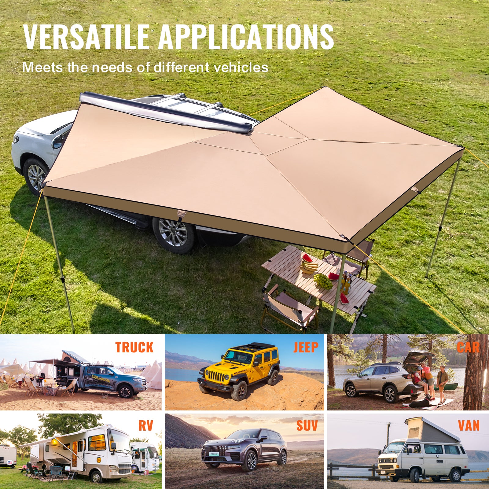 Auvent voiture 270° 2,5 m VEVOR rétractable, auvent latéral PU3000 mm UV50+, avec sac, pour SUV 4x4 camion van camping-car - 6
