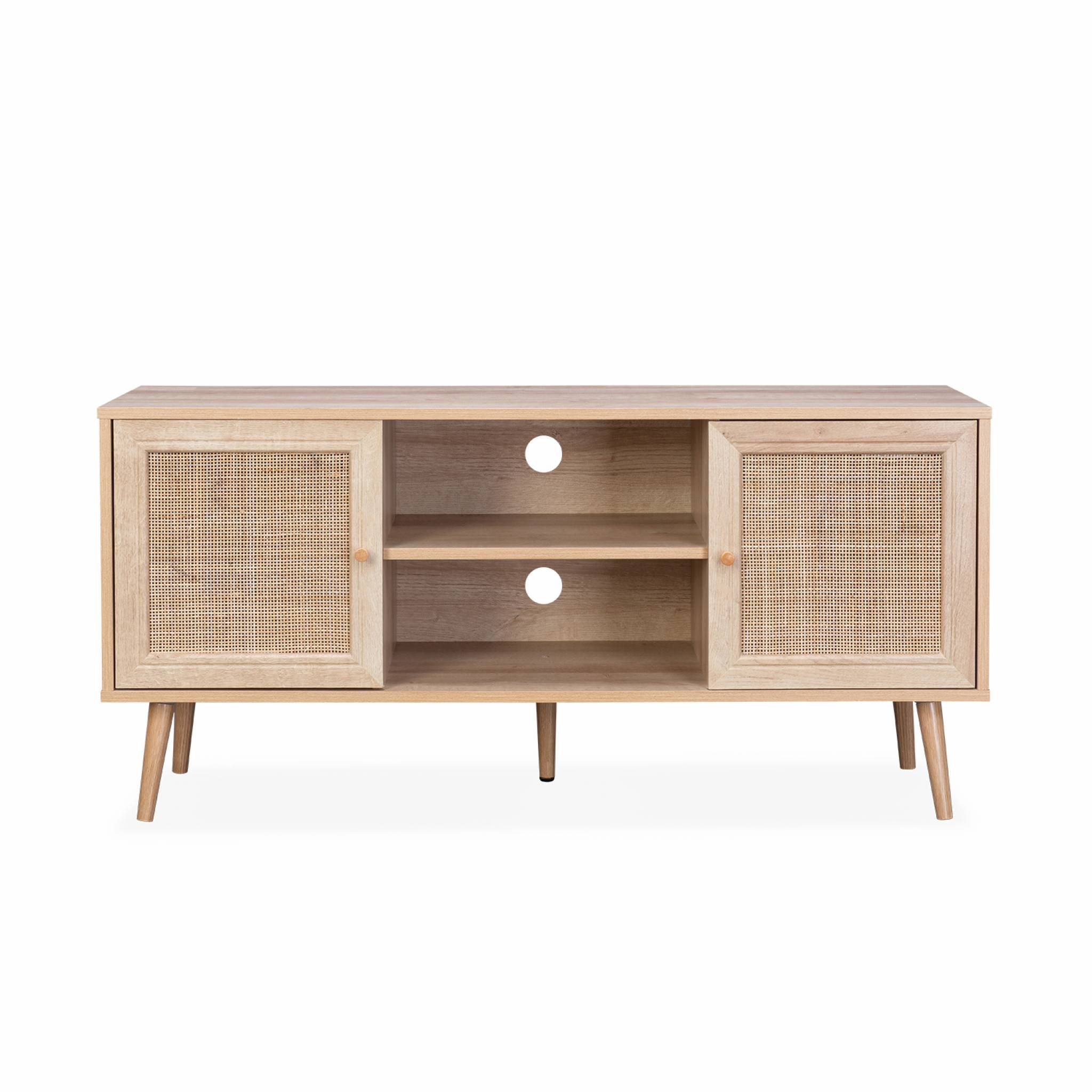 Meuble TV en cannage 120x39x56.5cm - Bohème - Naturel. 2 niveaux. 2 étagères. 2 portes. pieds scandinaves BOHÈME - 4