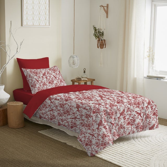 Pack complet housse de couette réversible pour lit 90 x 190 cm Bérengère rouge