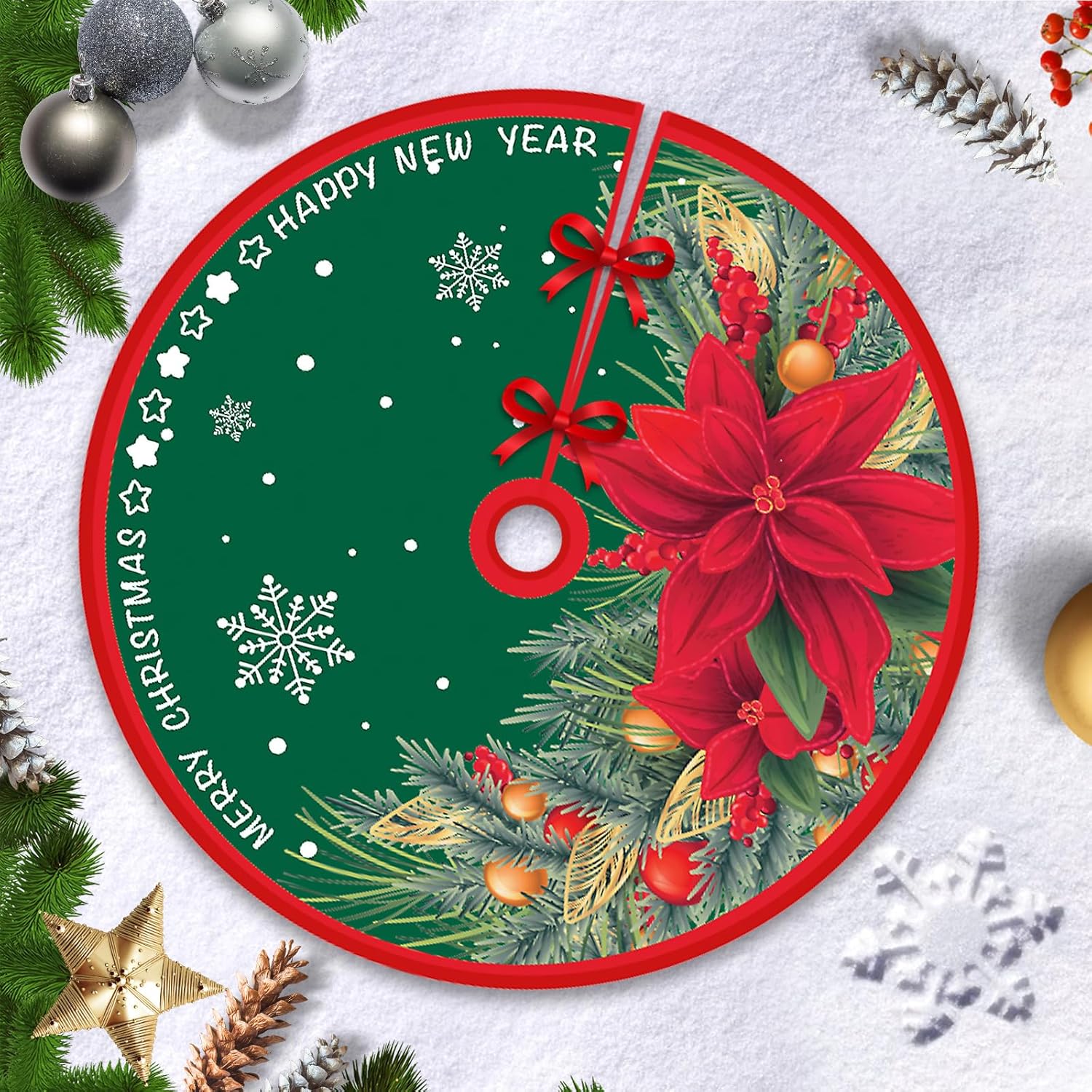 Gonna Per Albero Di Natale In Tessuto – Verde E Rosso Con Babbo Natale – Diametro 119 Cm – Proteggi Pavimento Da Aghi Di Pino
