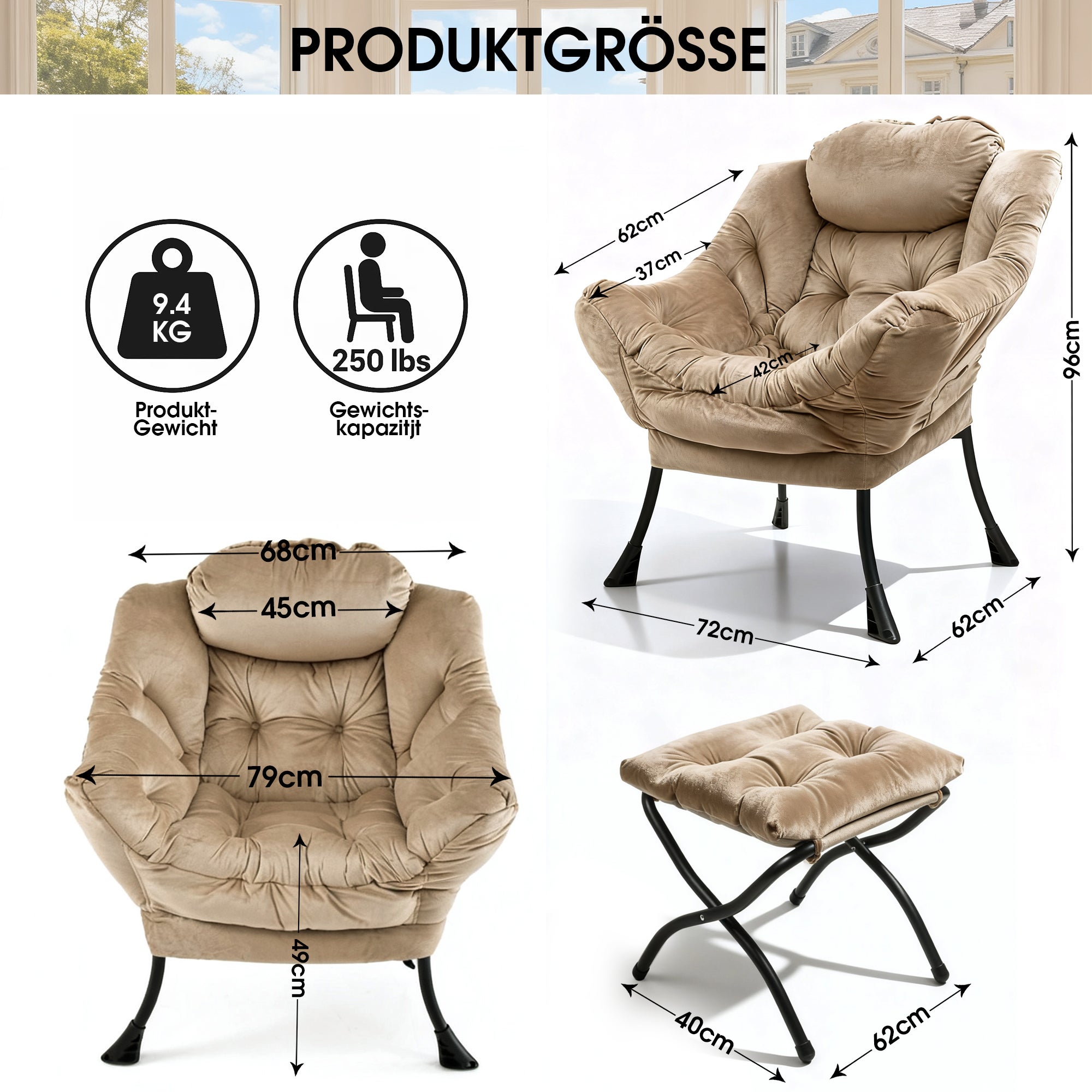 Fauteuil relax avec repose-pieds, chaise inclinable avec poche latérale, fauteuil de salon/chambre/bureau, en polyester kaki - 3