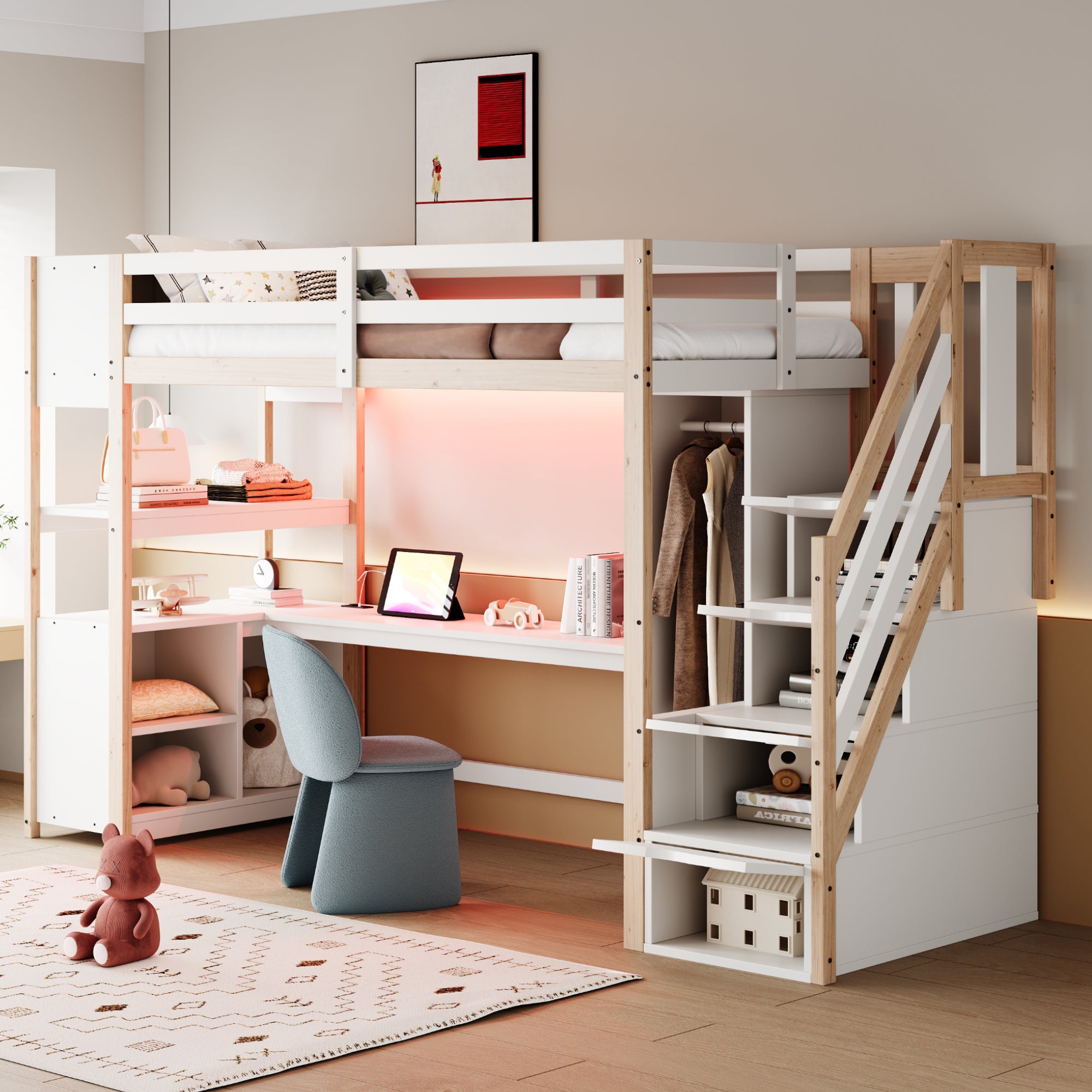 Łóżko wysokie 90 x 200 cm z biurkiem, szafą i schowkiem - Sosna + MDF - Diody LED i gniazdka - Drewno (materac nie jest wliczony w cenę)