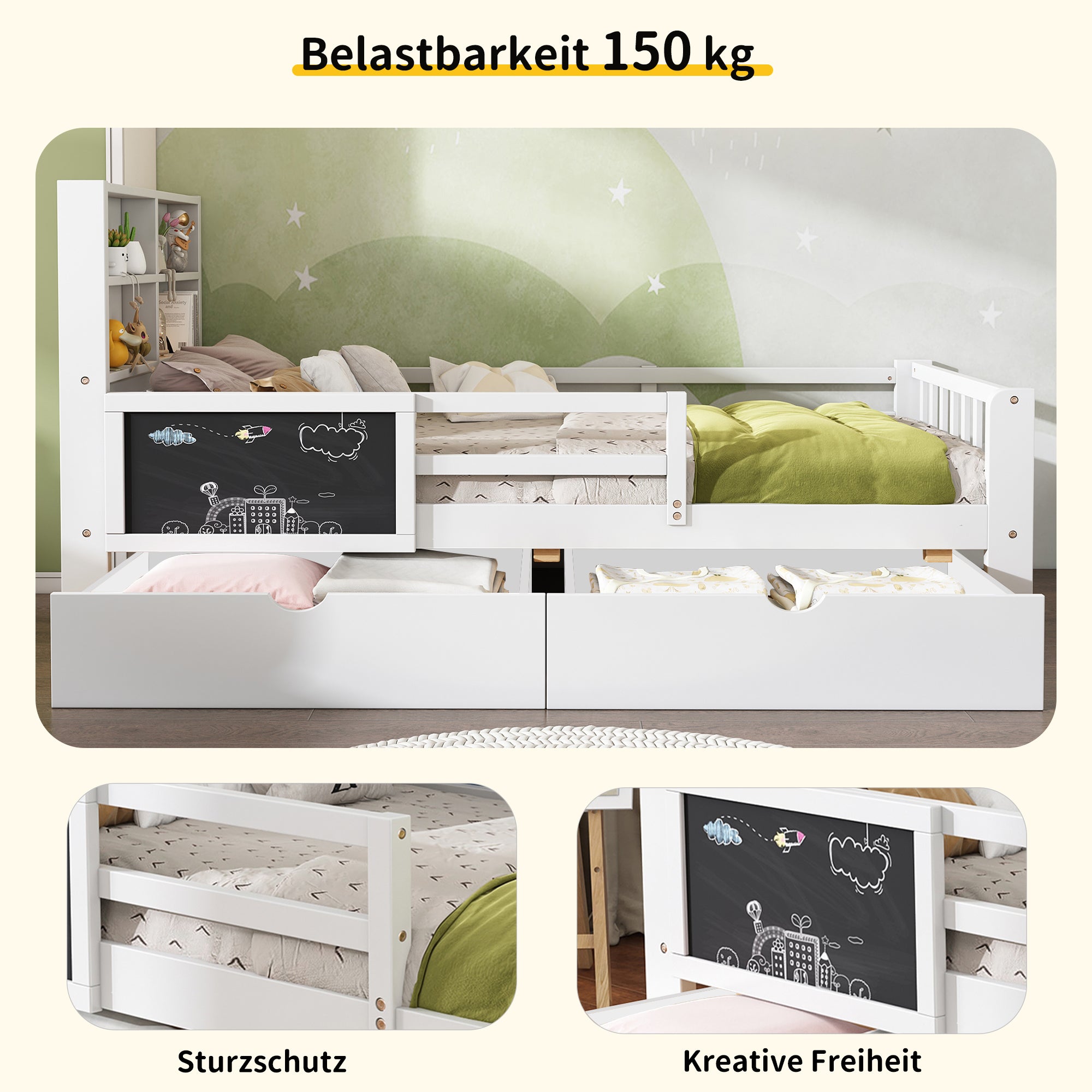 Łóżko dziecięce 90 x 200 cm z zagłówkiem i barierkami - 2 szuflady i półki - Drewno lite + MDF - Kolor biały (materac nie jest wliczony w cenę) - 4
