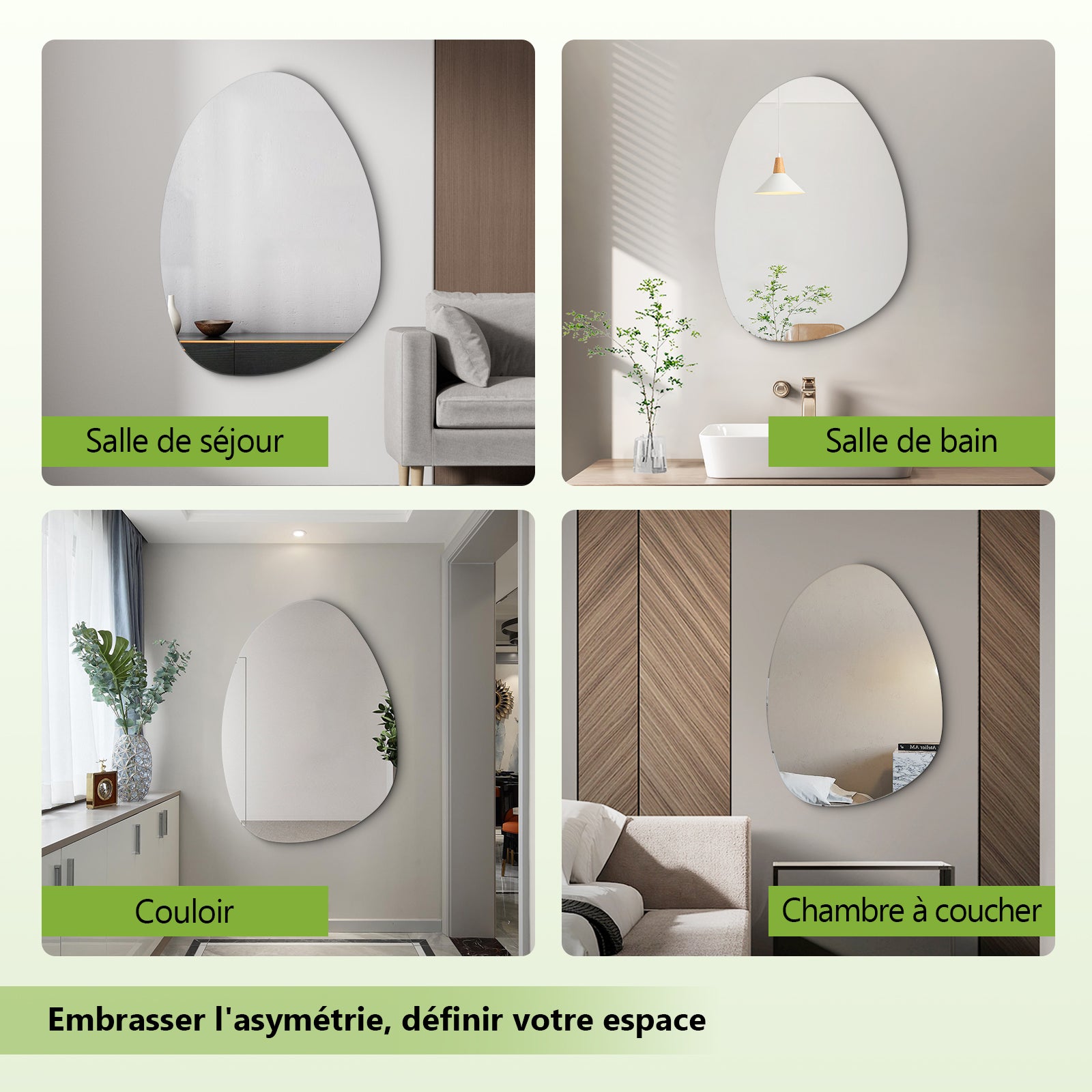 Miroir asymétrique sans cadre 50 × 85 cm, miroir mural anti-humidité pour salle de bains, bords polis, installation verticale ou horizontale - 3