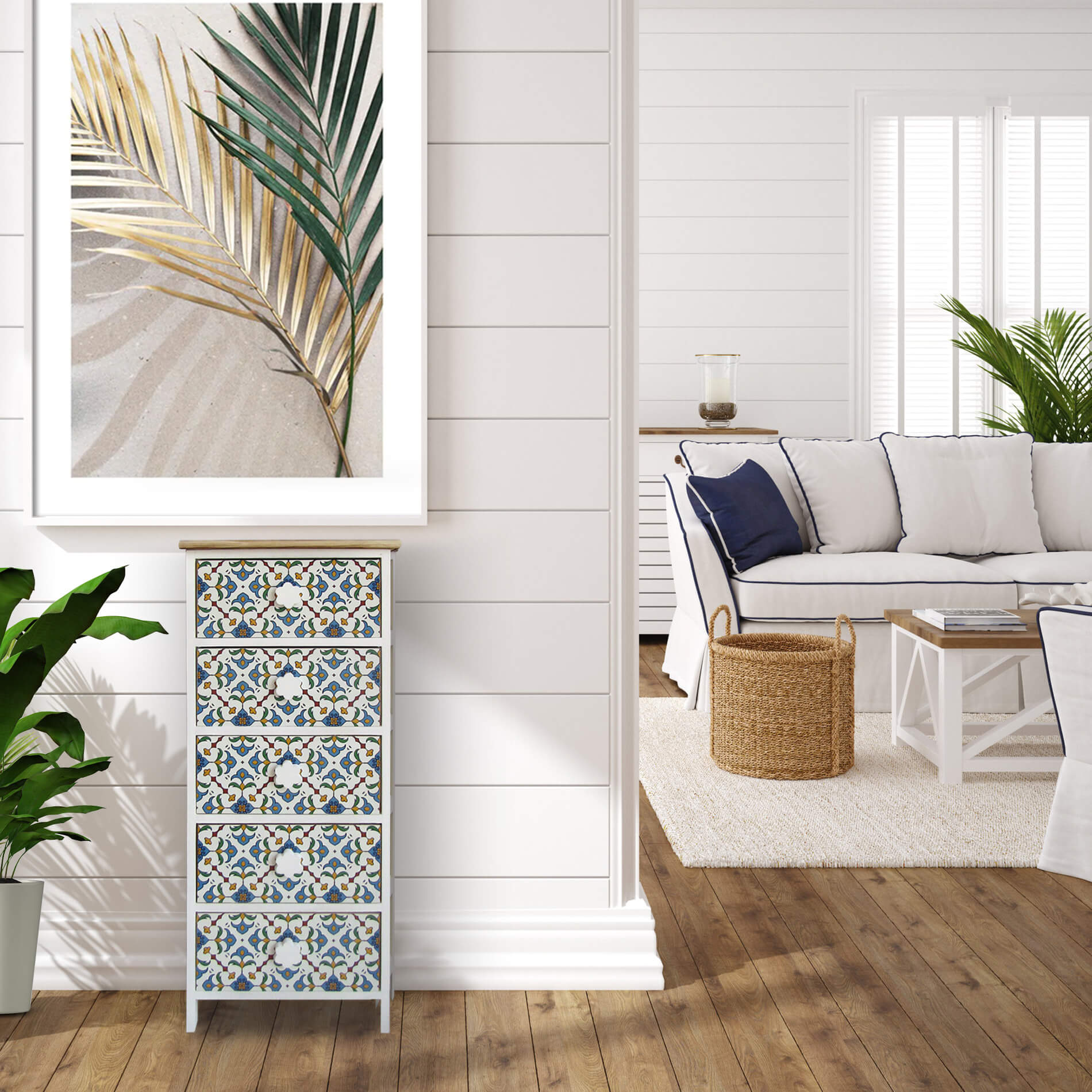 Commode 5 Tiroirs Rebecca Mobili Moderne Bois Clair Blanc Bleu 93x40x30 - 2