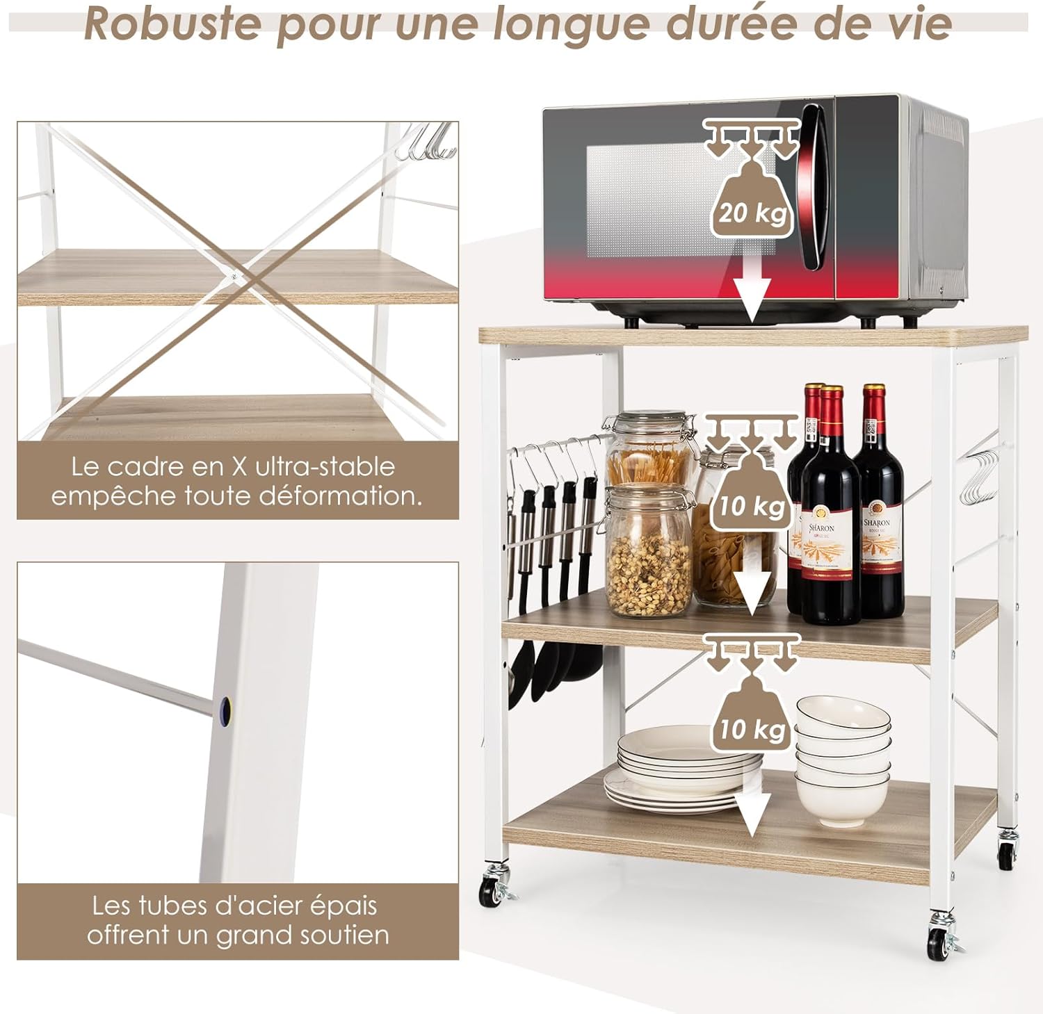 Desserte, Chariot de Service à Roulette, avec 10 Crochets Amovibles, Desserte de Cuisine à 3 Tablettes, Cadre Métallique (Naturel) - 7