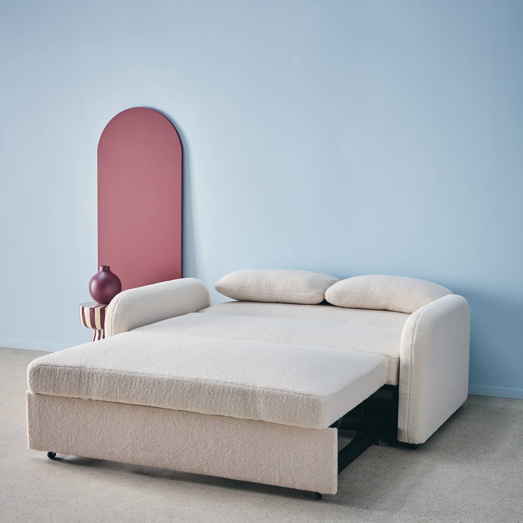 Divano letto arrotondato in tessuto bouclé, 2 posti, Crema - 4