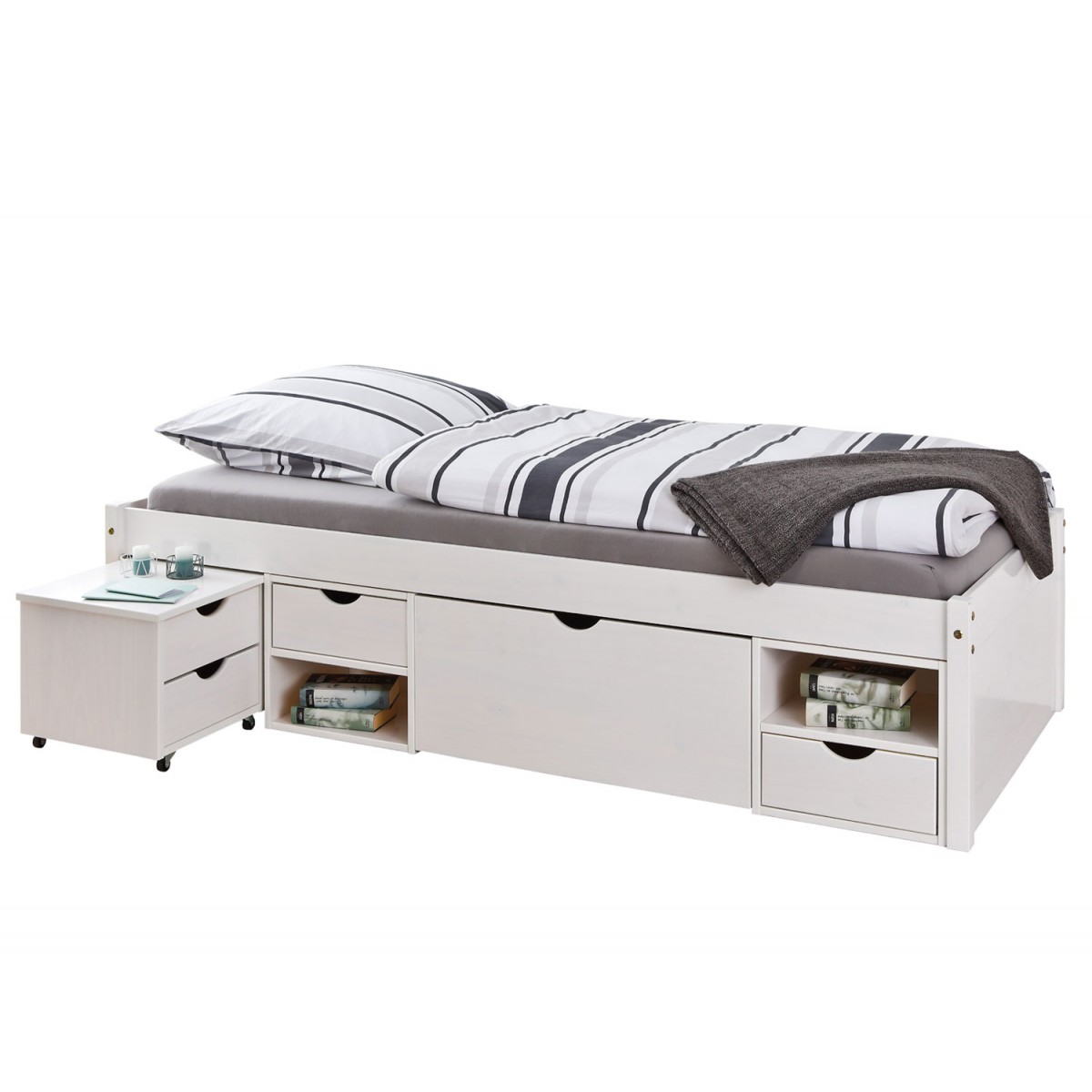 Letto Singolo Bianco 90x200 con Cassetti Comodino a Doghe in Legno