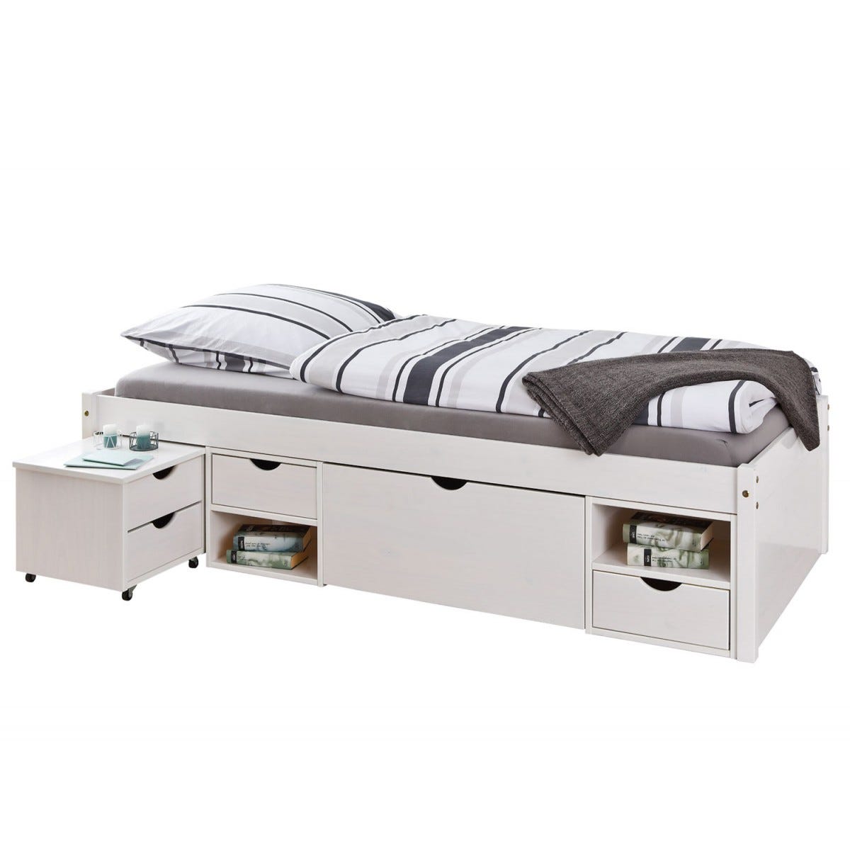 Letto Singolo Bianco 90x200 con Cassetti Comodino a Doghe in Legno