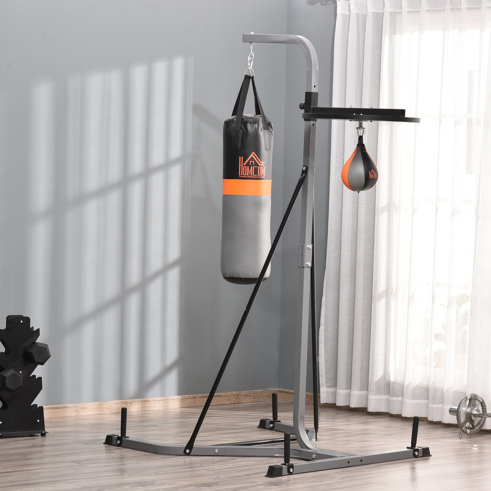 HOMCOM Saco de boxe com suporte ajustável em altura em 4 níveis 166,5cm - 181,5cm inclui Velocidade da bola 104x156x202cm - 2