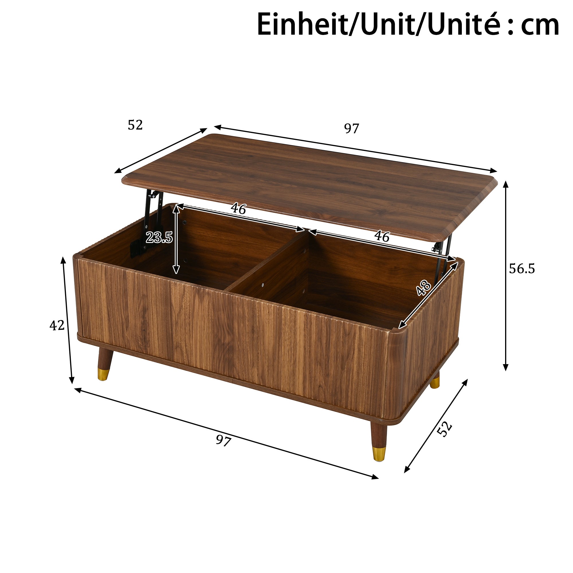 Table basse avec plateau relevable - 97 x 52 x 56,5 cm - MDF et bois massif - Noyer - Design rétro moderne à motif ondulé - 5
