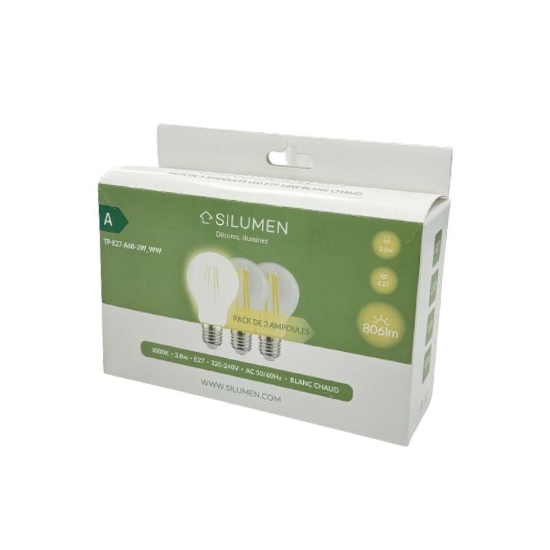 Pack de 3 Ampoules LED E27 A60 3.8W Filament Classe Énergétique A - Blanc Chaud 2300K - 3500K - SILUMEN - 6