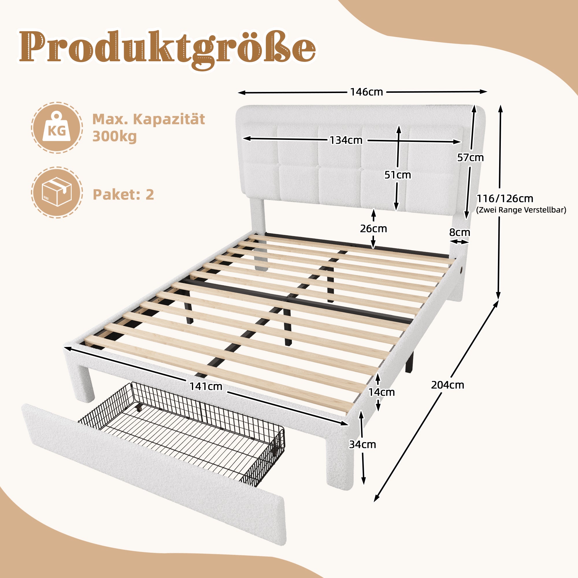 Letto contenitore matrimoniale imbottito con testiera e USB
