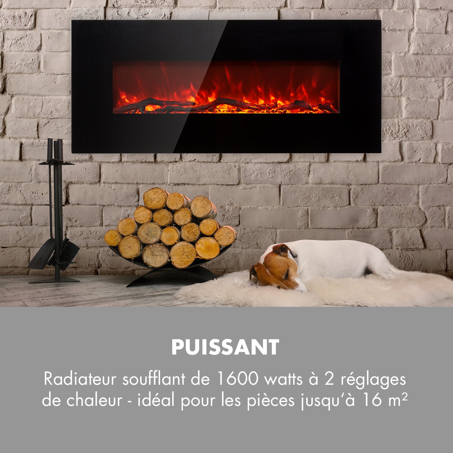 Cheminée électrique murale - Klarstein - 1600 W - cheminée encastrable avec telecommande - effet flamme LED - noir - 6