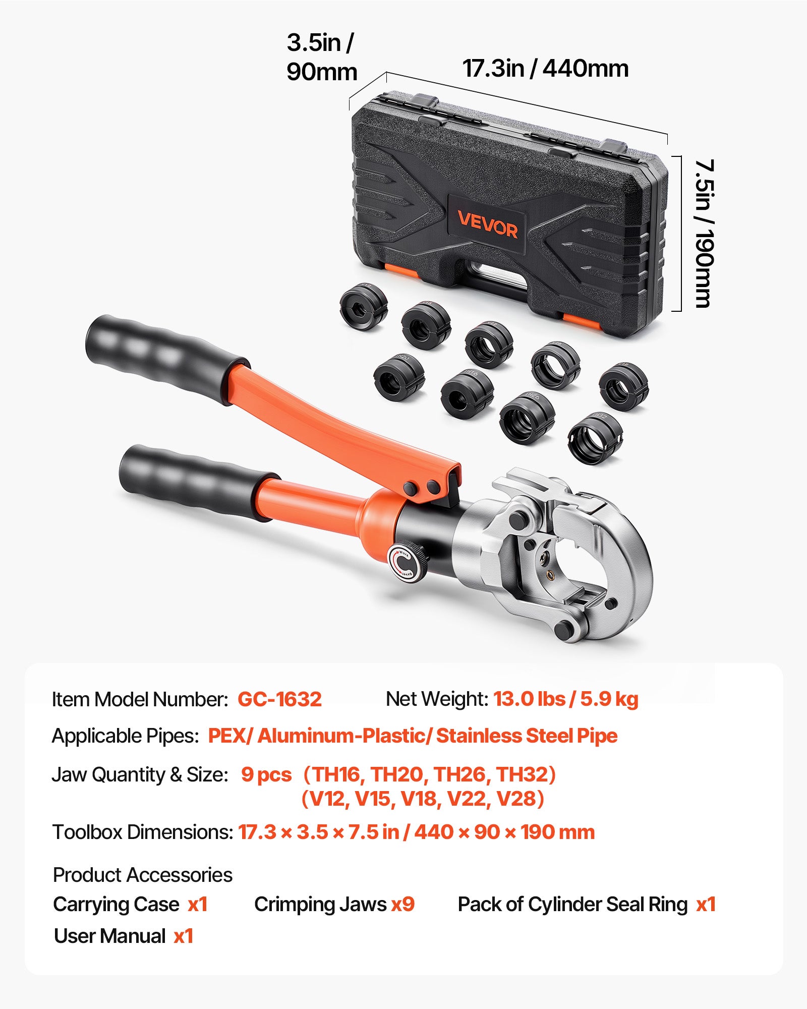 Ferramenta cravação hidráulica VEVOR, com maxilas TH16, TH20, TH26 e TH32 para tubos PEX, e maxilas V12, V15, V18, V22 e V28 para tubos aço inoxidável - 7
