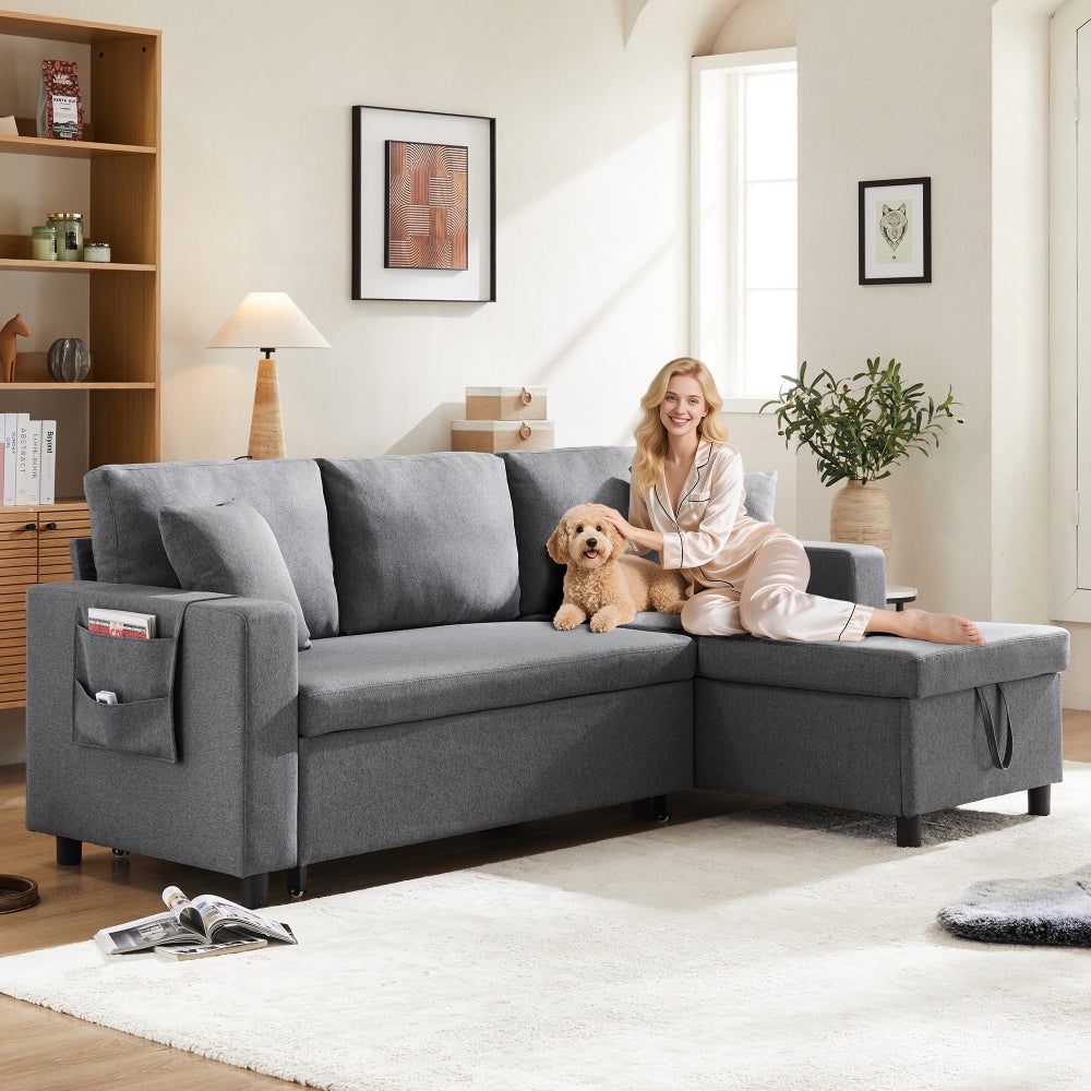 Sofa rozkładana w kształcie litery L z kieszeniami do przechowywania, odwracalna z lewej/prawej strony, szara
