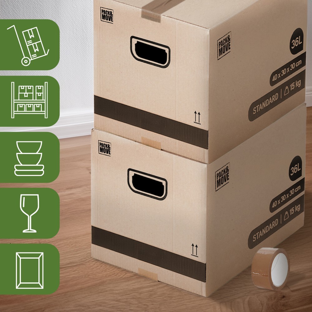 Pack and Move - Lot 50 cartons déménagement stockage livres - 40 x 30 x 30 cm - Poignées renforcées - 3 adhésifs offerts - 6