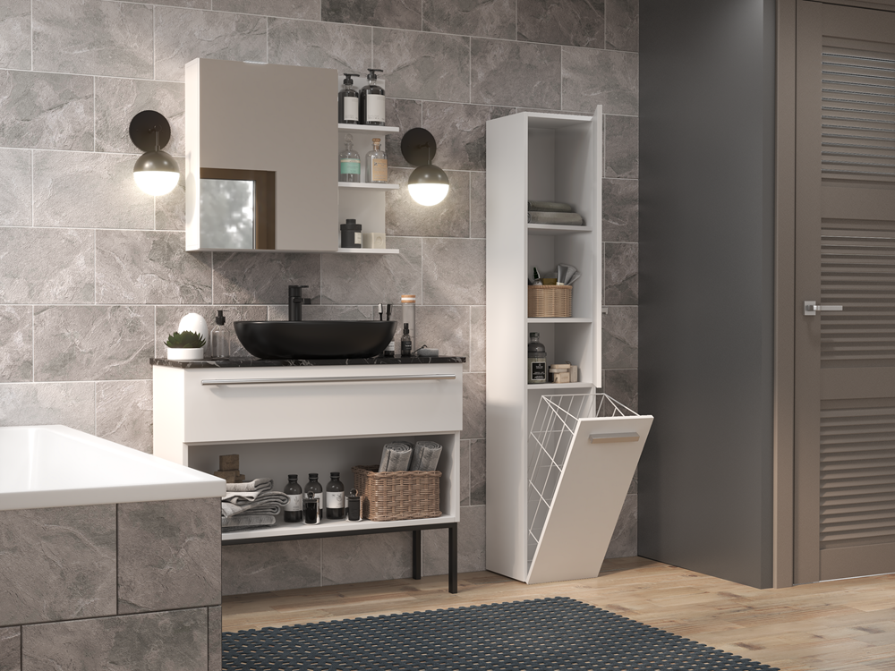 YANA - Mueble de baño con cesto de ropa - 31x30x174 cm - Columna de almacenamiento de baño - 6