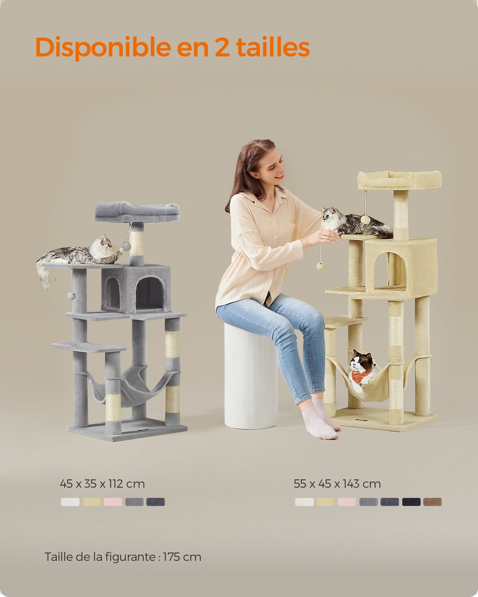 Arbre à Chat Hauteur 143 cm, avec 4 Poteaux à Griffer, 2 Plateformes, 1 Niche, 1 Hamac, 2 Pompons, en Tissu Peluche, Multi-niveaux, Beige - 7