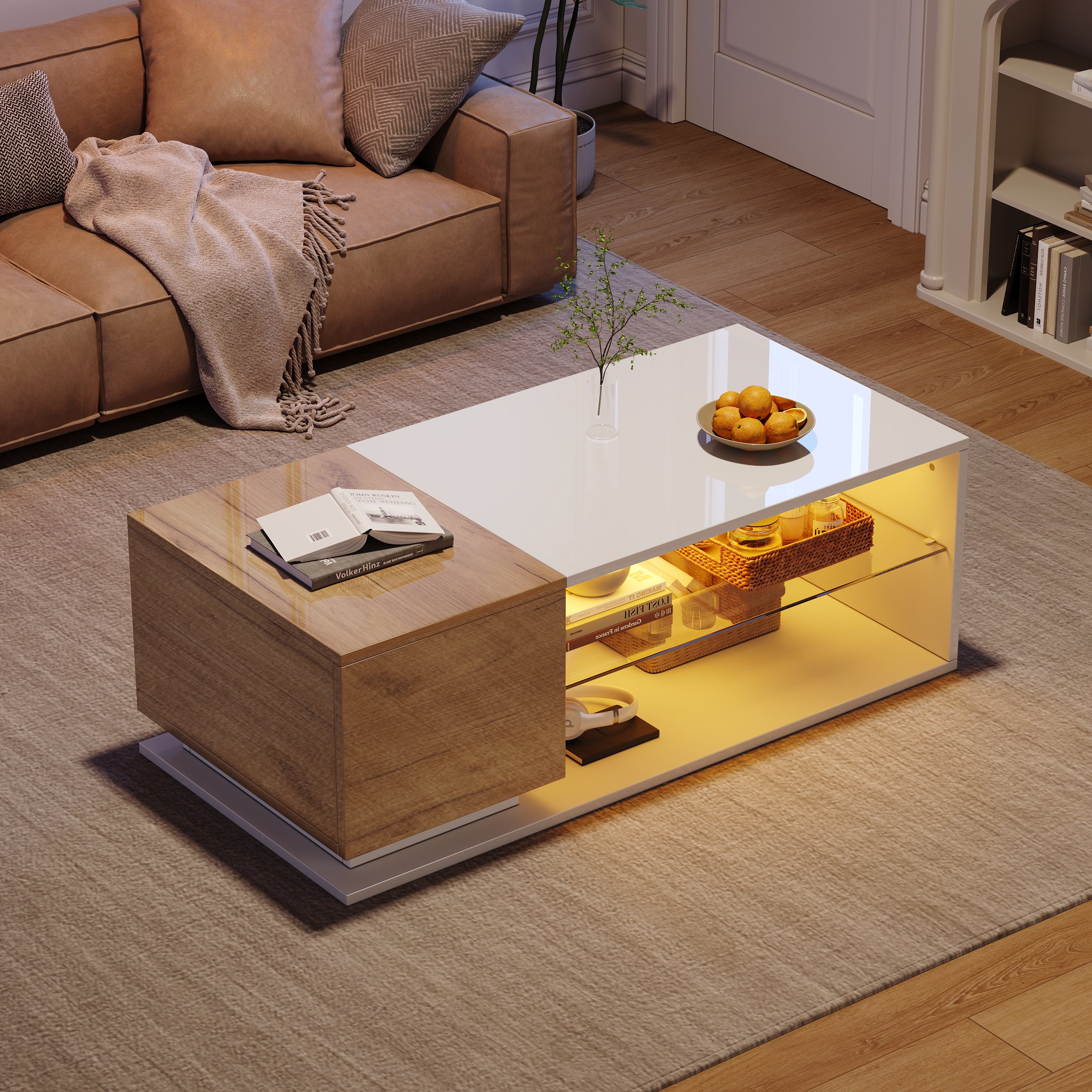 Stolik kawowy 105x50x36cm - z listwą świetlną LED - ze schowkiem - biały + naturalny