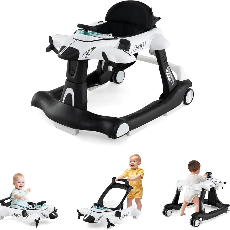 6 w 1 Chodzik dla Niemowląt z 3 Regulowanymi Wysokościami, Składany z Muzyką, 12 kg, Chodzik Samochodzik dla Niemowląt w Wieku 6–18 Miesięcy (Biały)