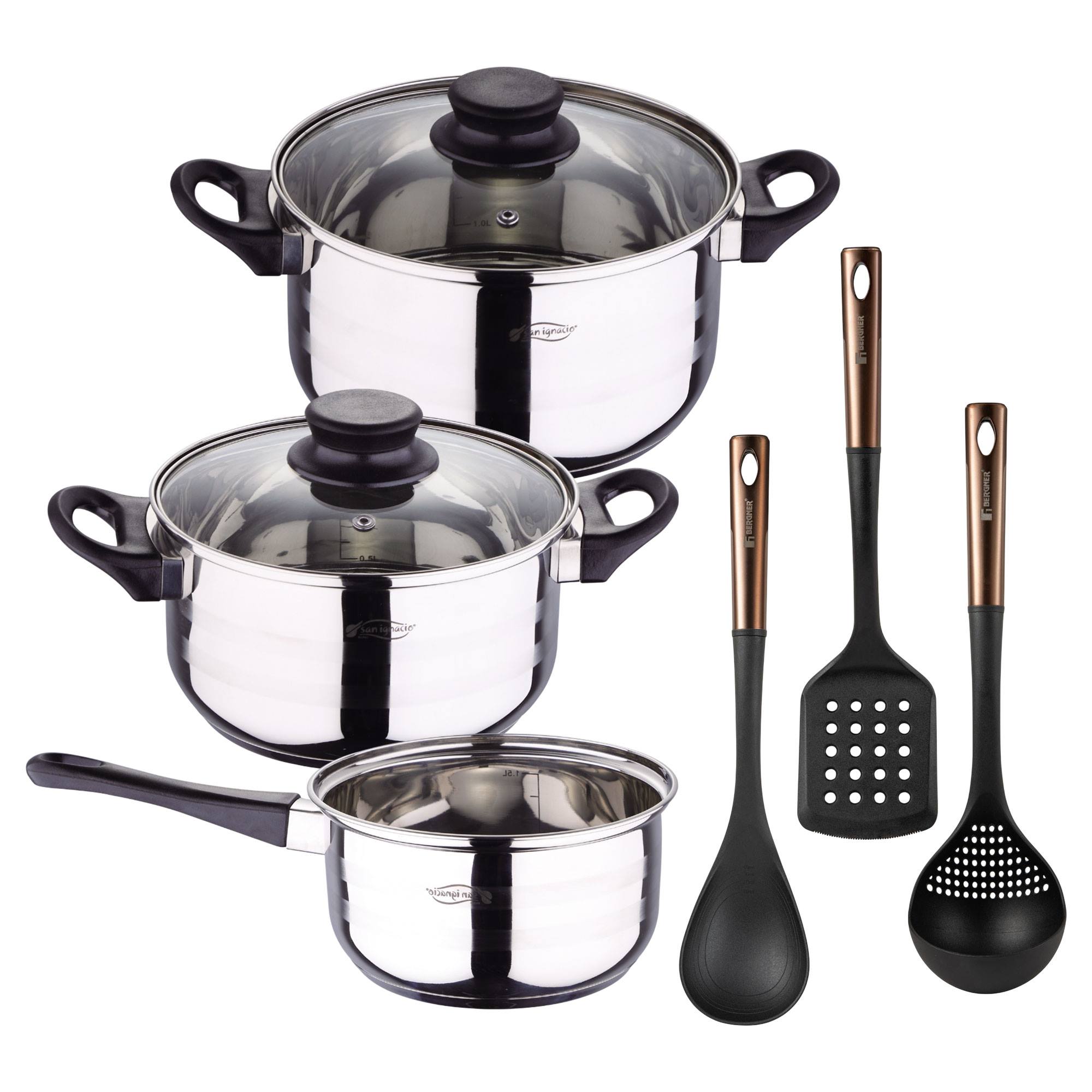 Set de baterías de cocina toledo 5pc aptas para inducción+ bergner copper set de 3 utensilios de cocina en pbt negro y cobre