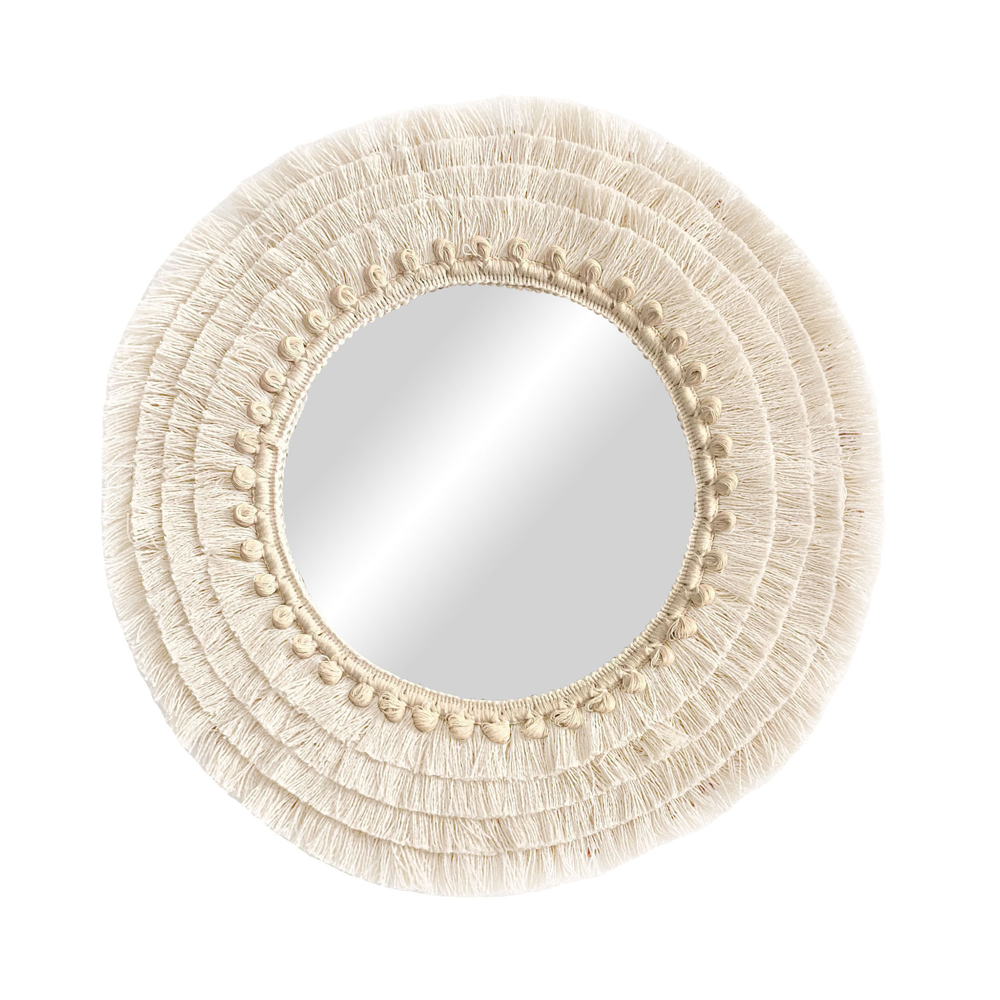 Espejo redondo con flecos de algodón y fibras naturales decoración natural de pared - mirror cotton beige 90cm