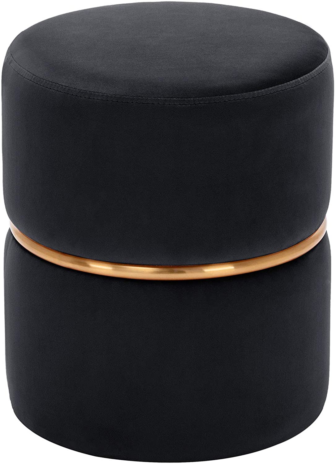 Taburete redondo acolchado puf cuello metálico dorado en tejido de terciopelo negro tabo09067