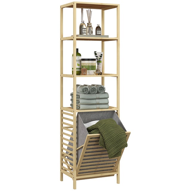 Meuble salle de bain bambou étagère rangement 3 niveaux panier linge amovible 44x33x160 cm