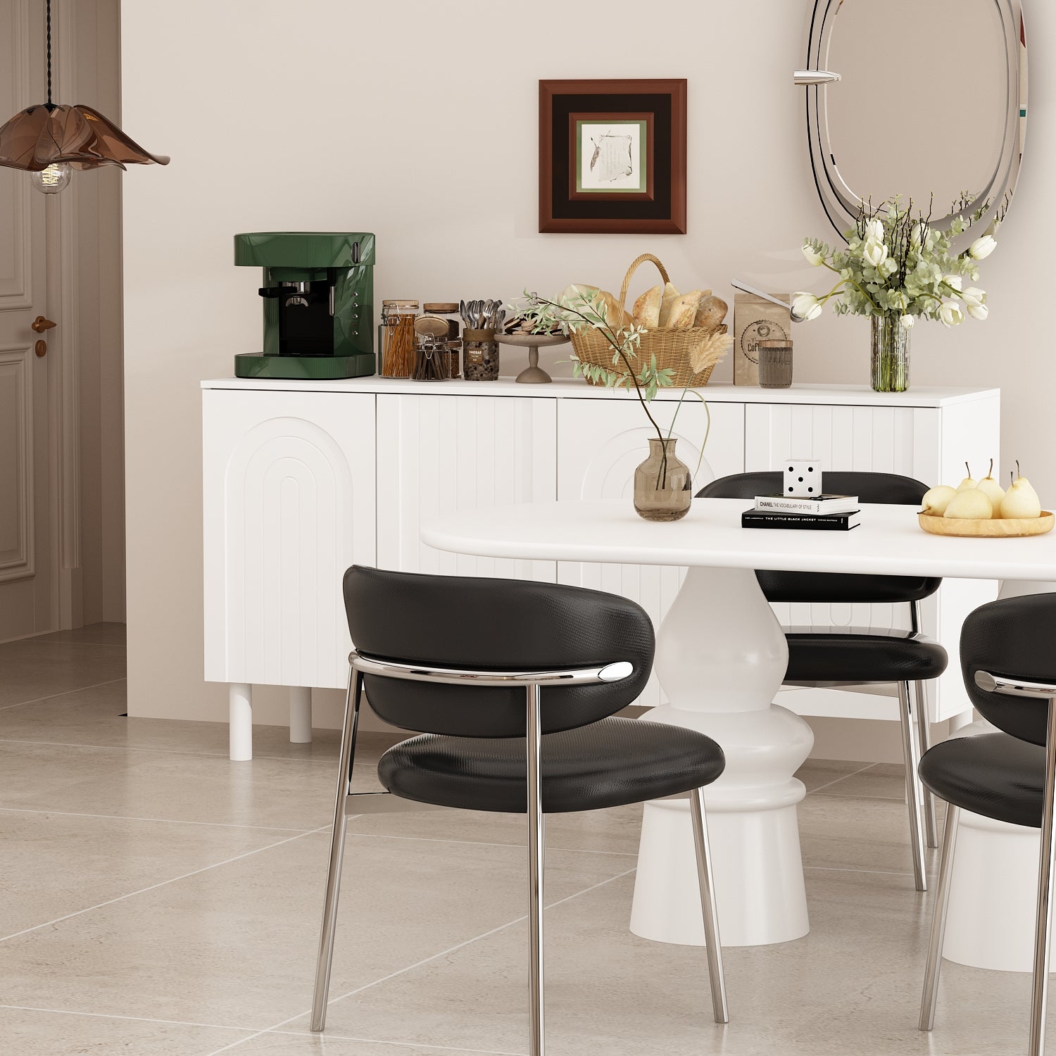 Buffet Bas avec 4 Portes et Pieds Hauts pour Salle à Manger, Meuble de Salon avec Façade Sculptée,160x40x80, Blanc - 7