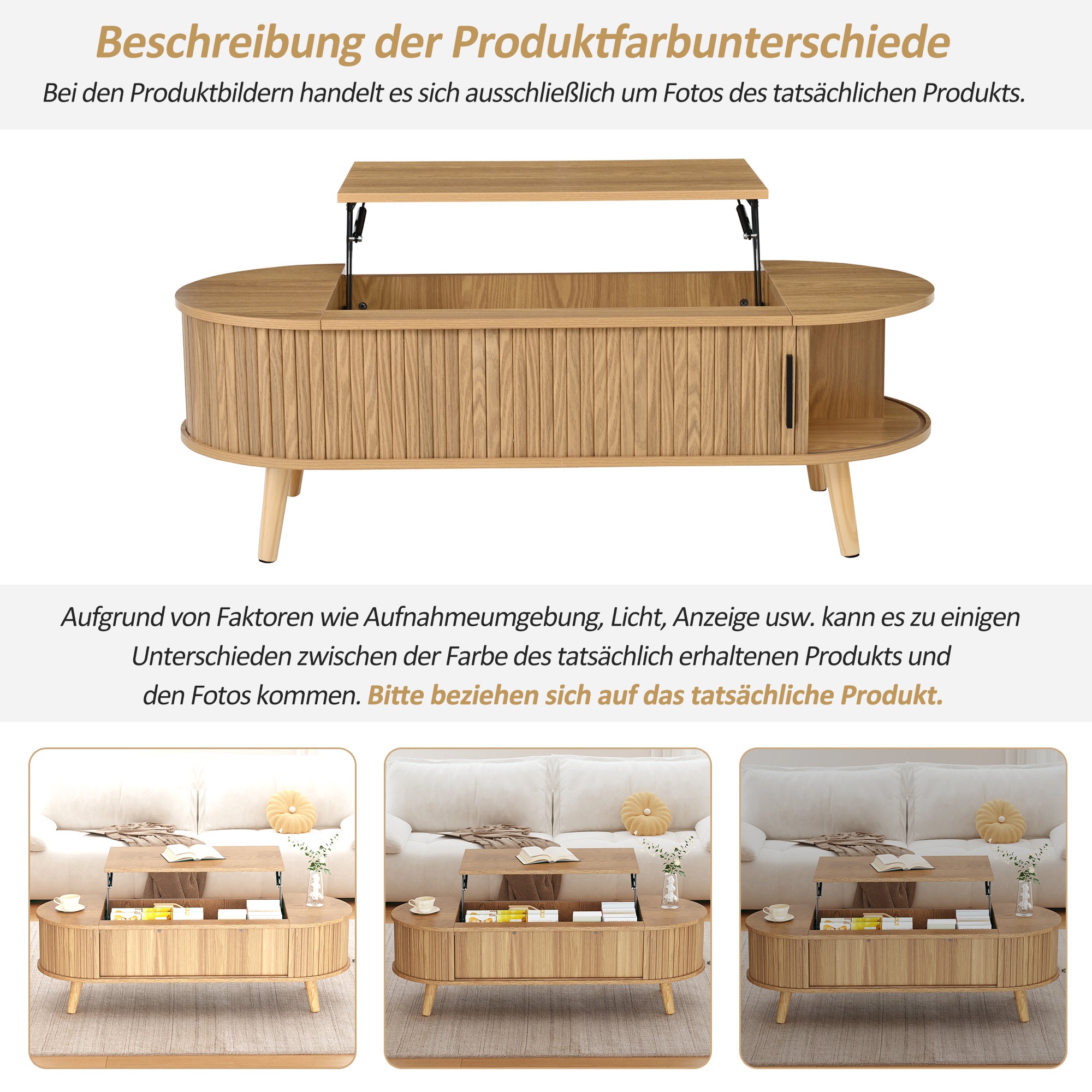 Stolik kawowy z podnoszonym blatem i 4 otwartymi półkami - 120 x 50 x 39,5 cm - MDF - do salonu - Naturalny - 8