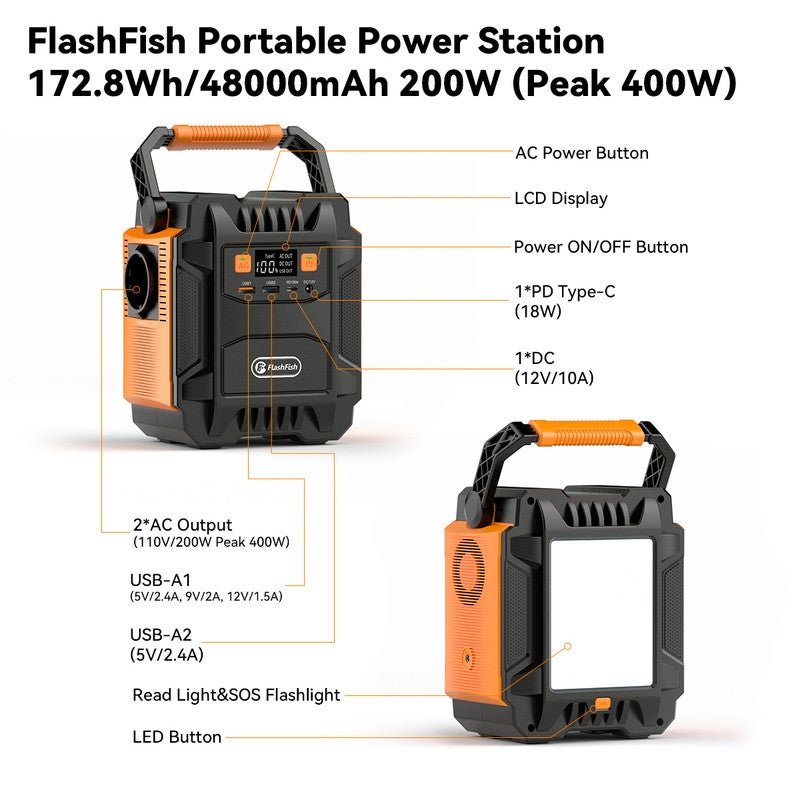 FLASHFISH A201 Station Électrique Portable 200W - Batterie Solaire 172,8Wh 48000mAh - AC 230V USB-C DC 12V - 9