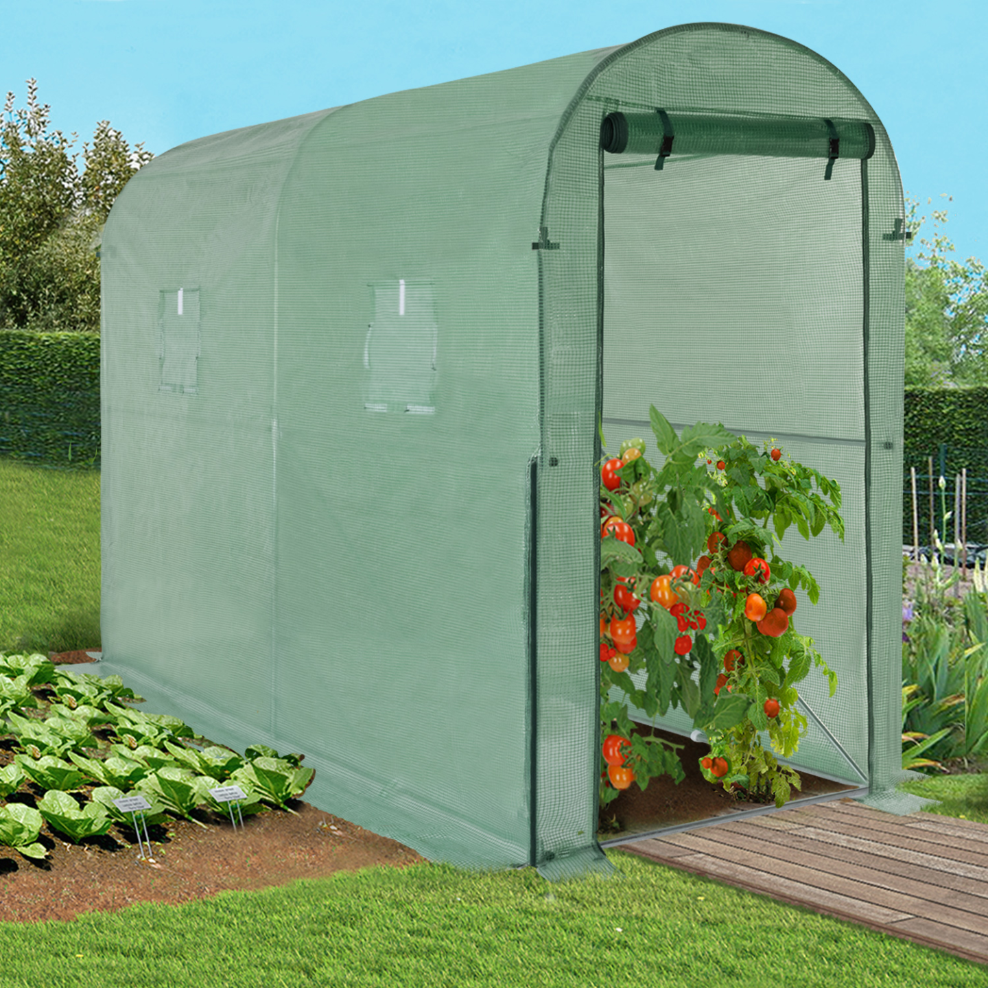 Serre à tomates de jardin 3m² 3 x 1 x 2 m acier galvanisé + bâche anti-UV relevable avec porte et 2 fenêtres verte - 3