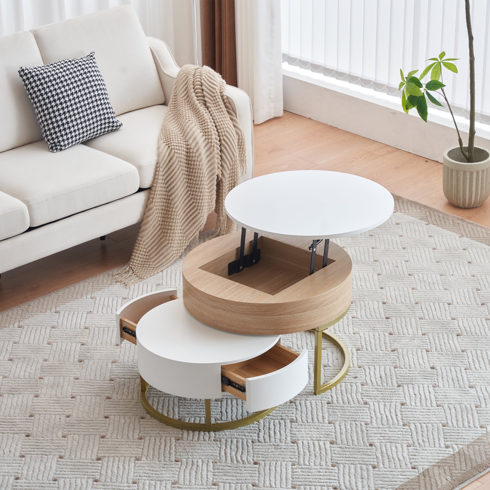 Set di tavolini giganti (70×70×42/56,5 cm, 60×60×27 cm) con piano sollevabile e 2 cassetti, in MDF, bianco e rovere - 3